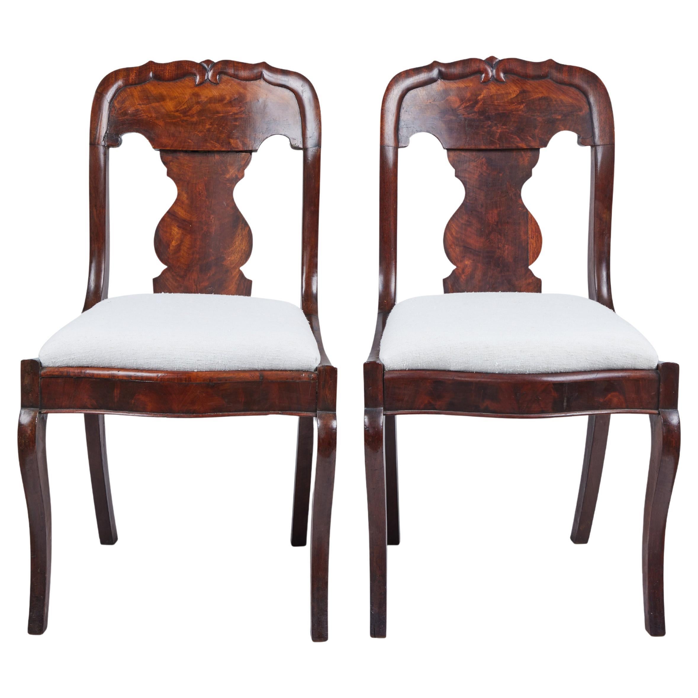 Antique Queen Anne Style Walnut Burl Wood Chairs Pair