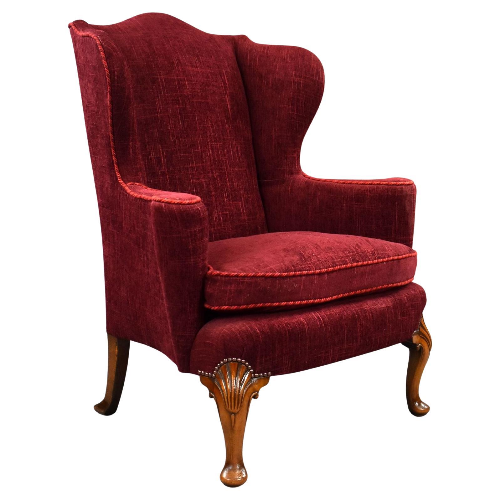Antique Queen Anne Style Walnut Wing Back Armchair