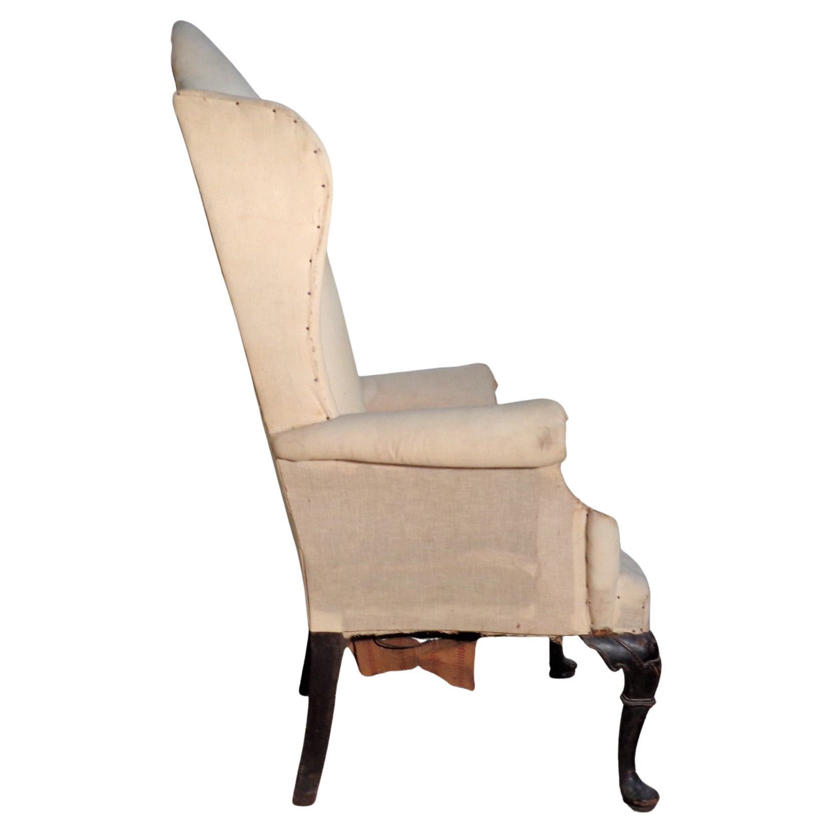 Carved   Queen Anne Style Wing Chair in Original Muslin, Circa 1900 For Sale