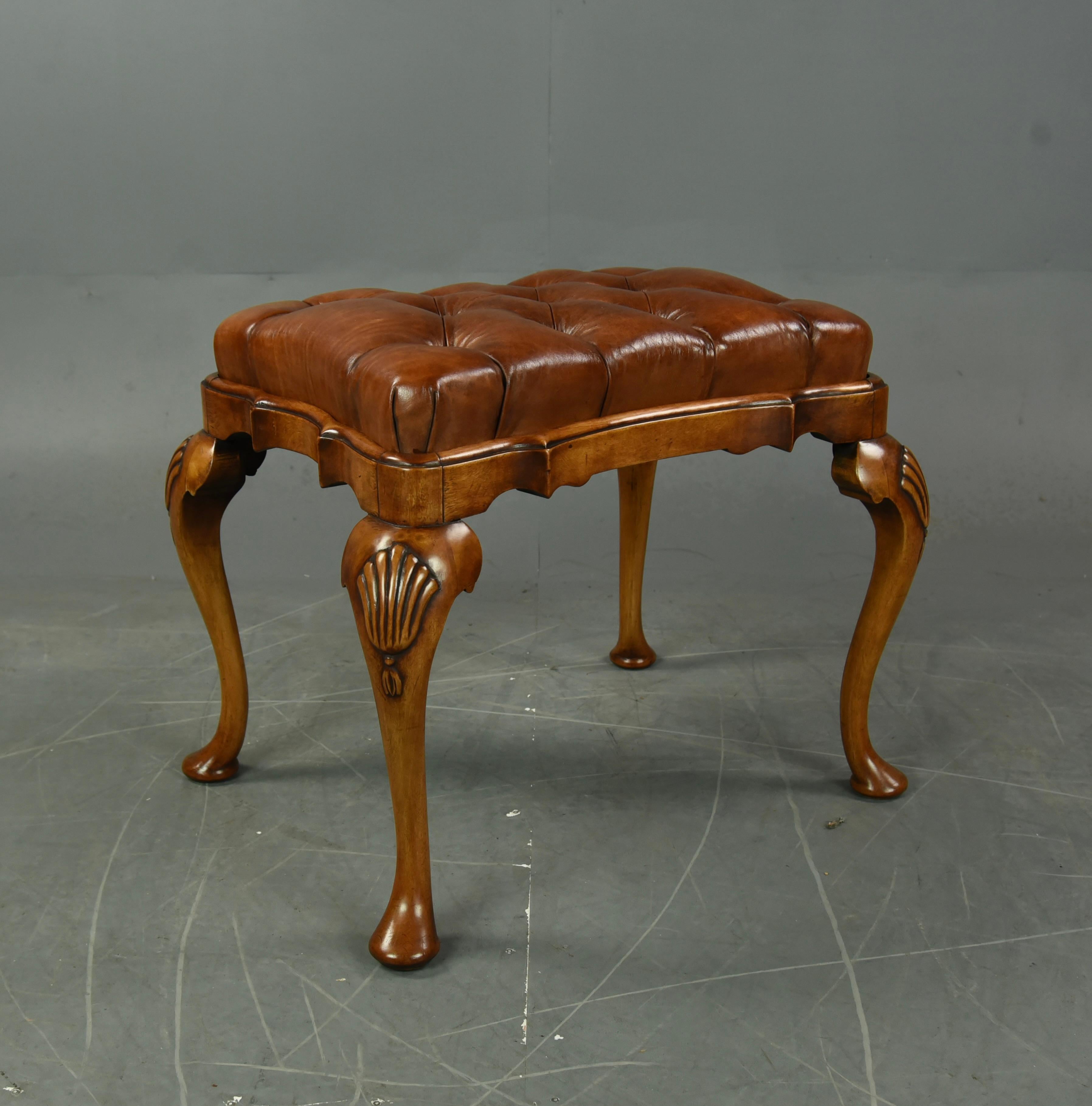English Antique Queen Anne Walnut Leather Stool