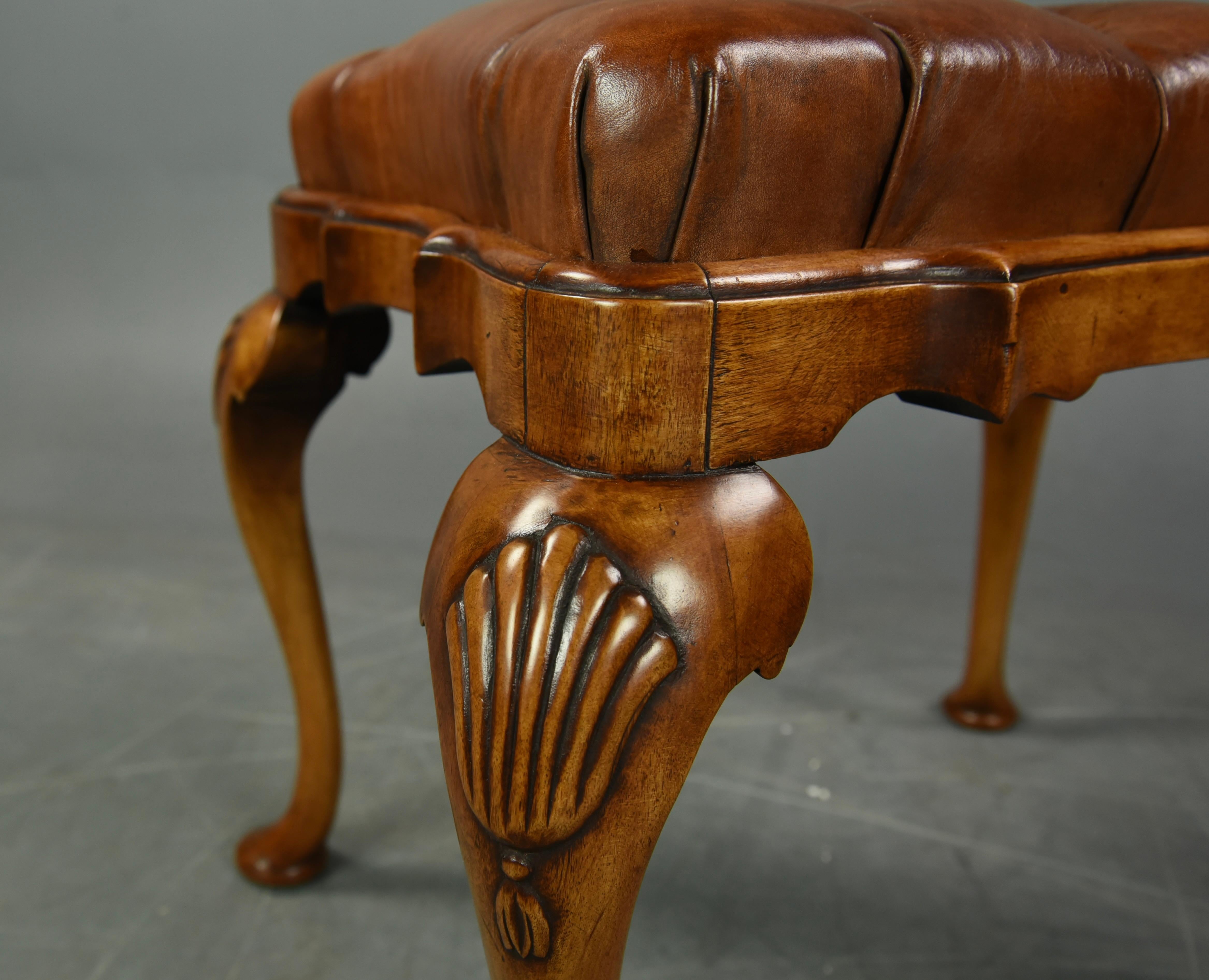 Early 20th Century Antique Queen Anne Walnut Leather Stool