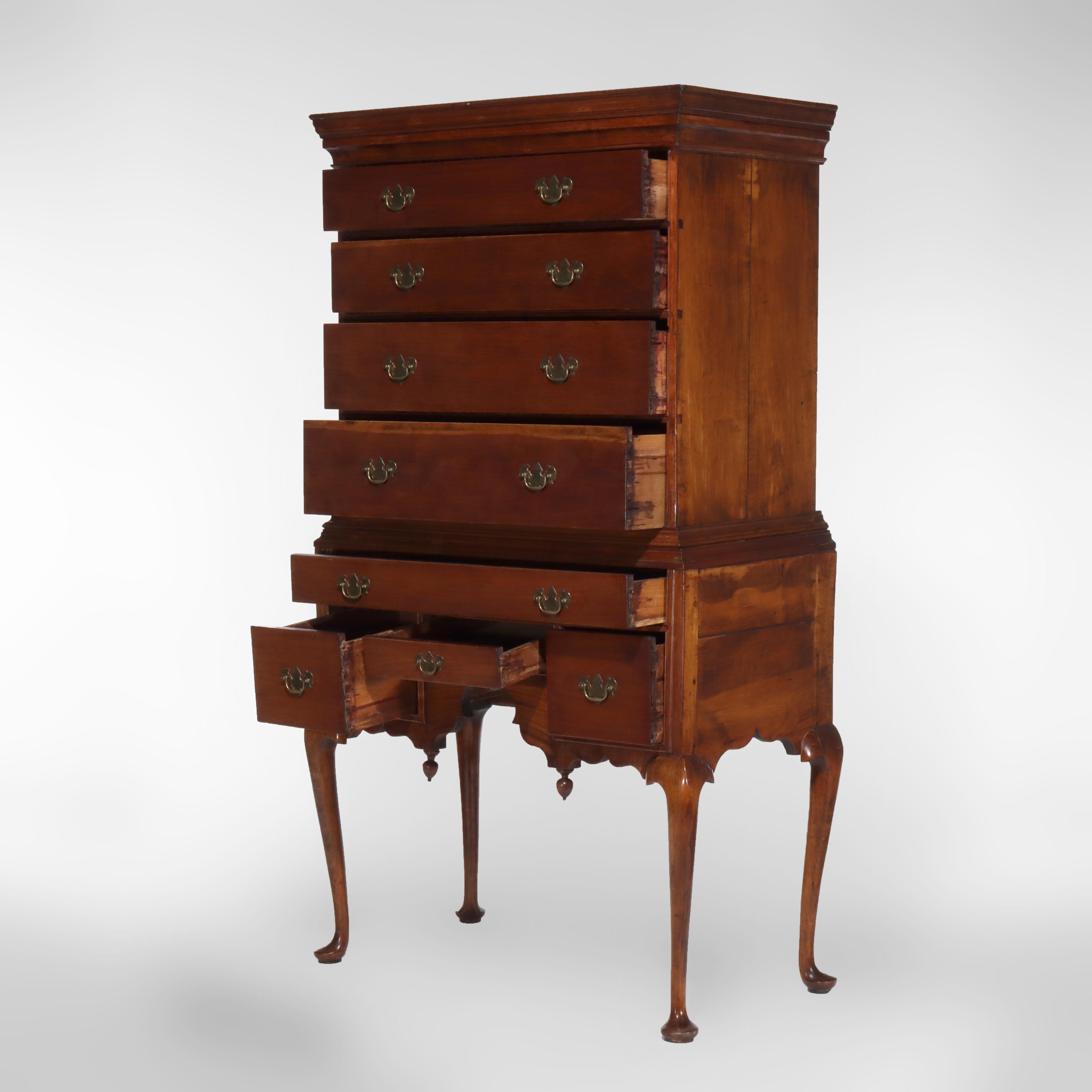 ***Reduced In-House Delivery Rates - Click on “Ask Seller” to Request a Quote***
Antique Queen Anne Walnut Two Piece Chest Unsigned 18thC.   
Measures - 70.5