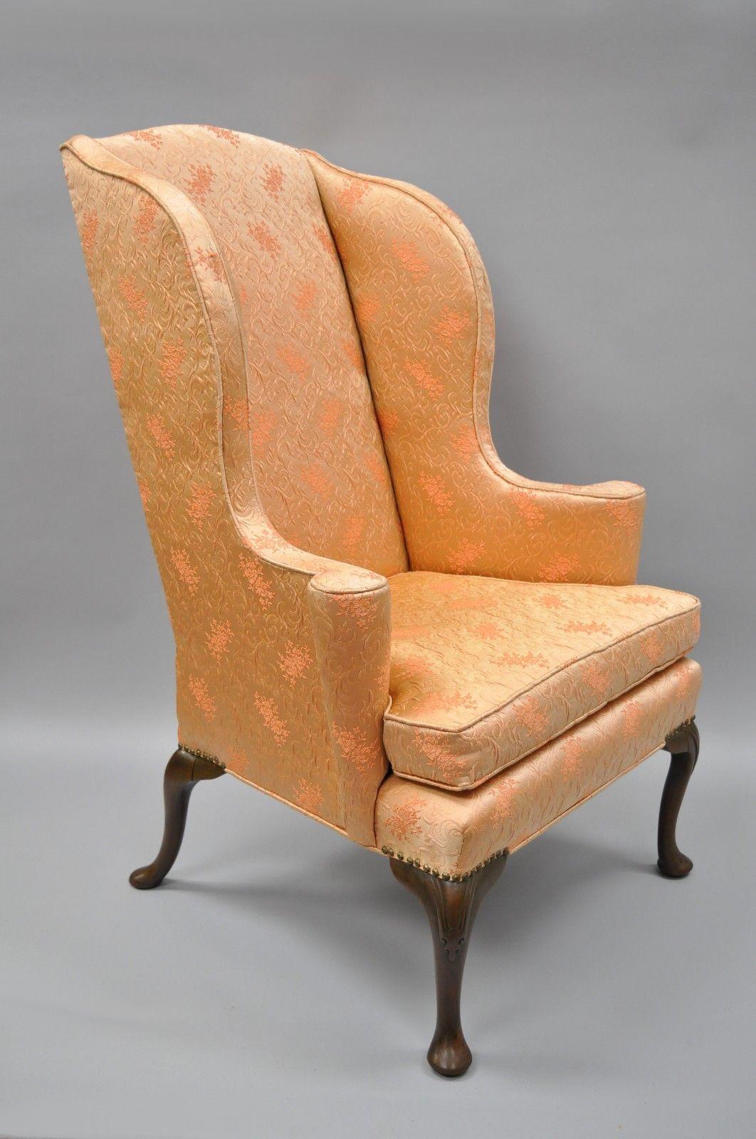 Antique Queen Anne Wingback Armchair Chair Rolled Arms 1