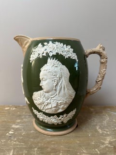 Antique Queen Victoria Jug by Copeland Spode, Green Earthenware, 1897