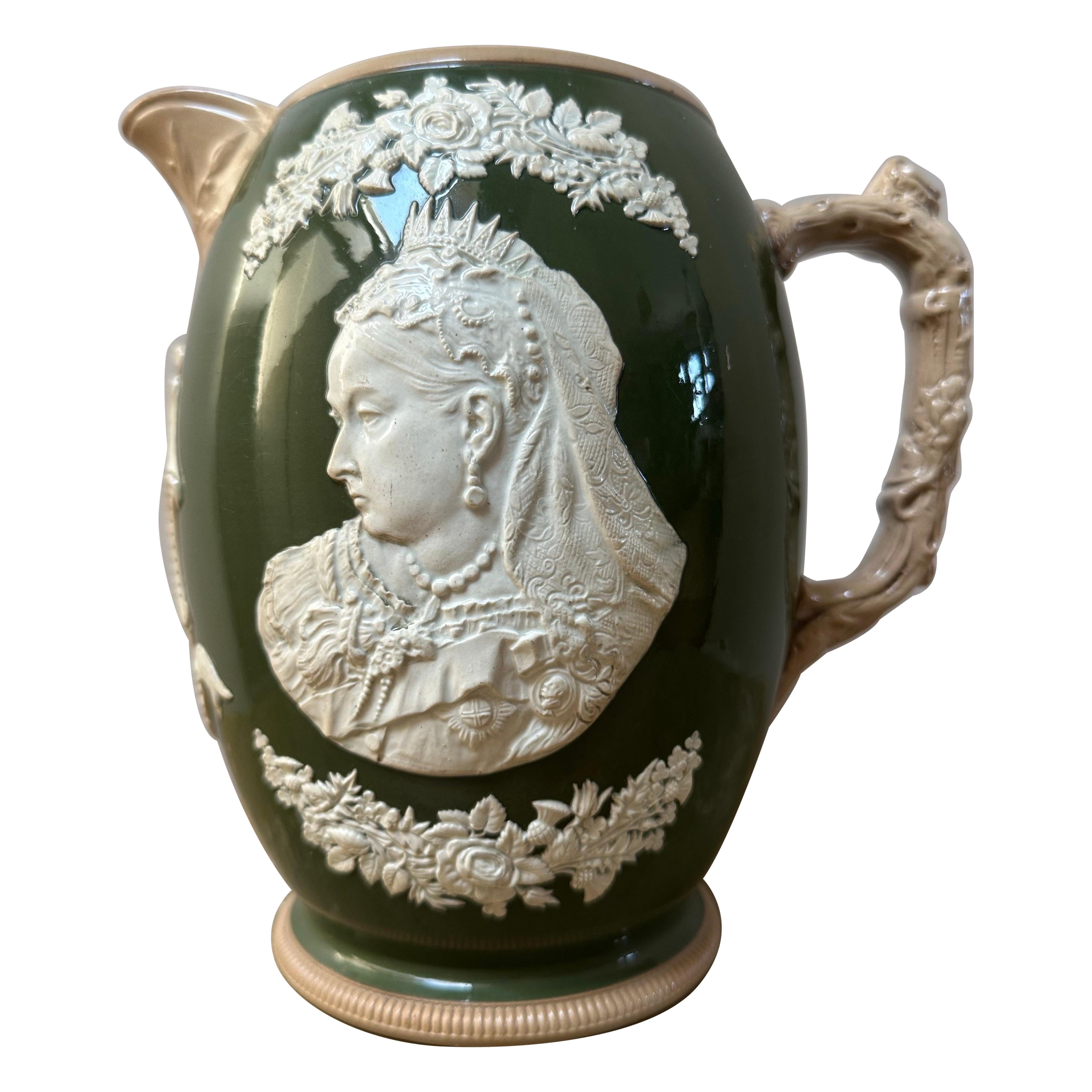 Antique Queen Victoria Jug by Copeland Spode, Green Earthenware, 1897 For Sale