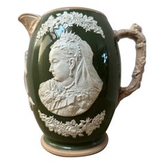 Antique Queen Victoria Jug by Copeland Spode, Green Earthenware, 1897