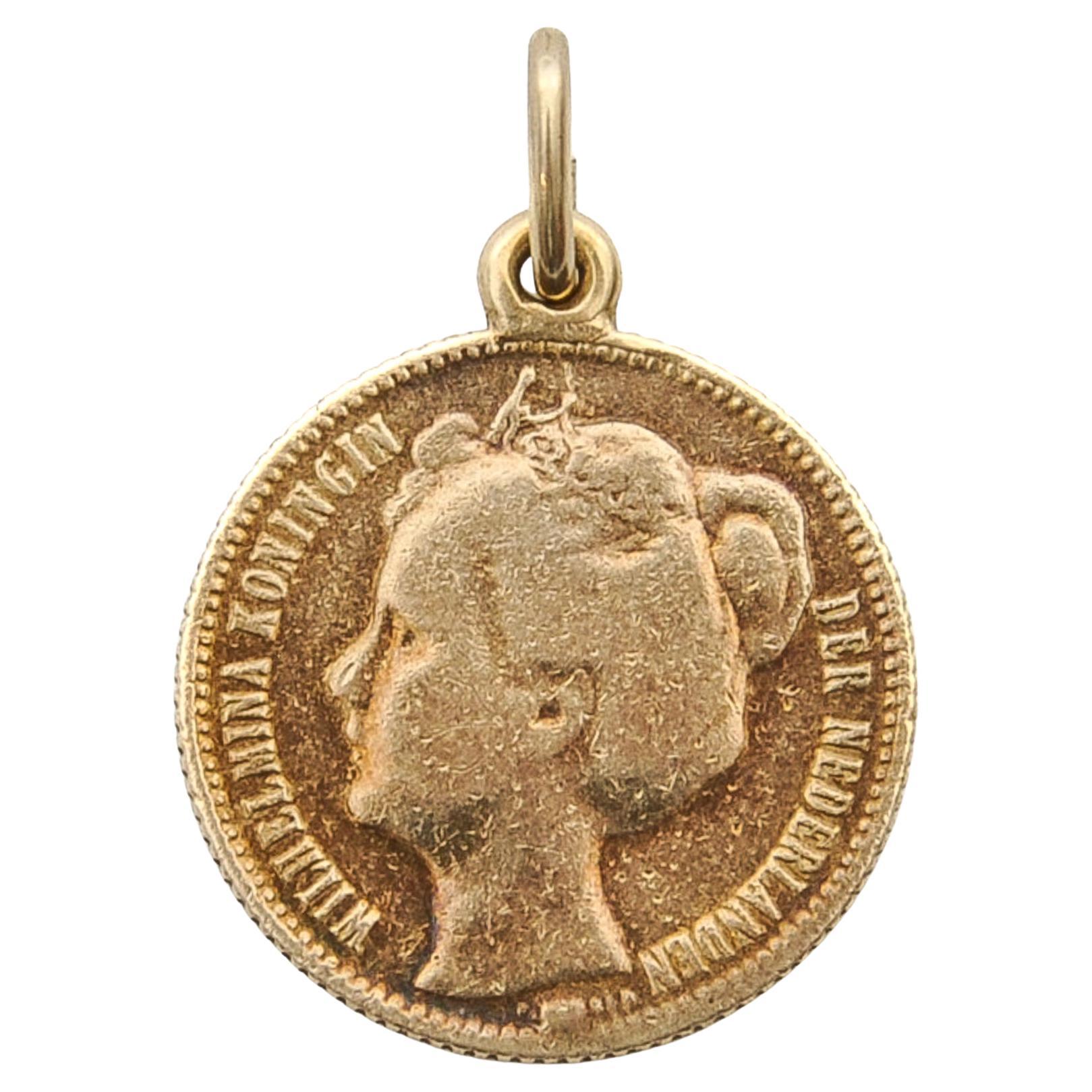 Antique Queen Wilhelmina 1/2 Guilder Coin Charm Pendant, Netherlands 1907