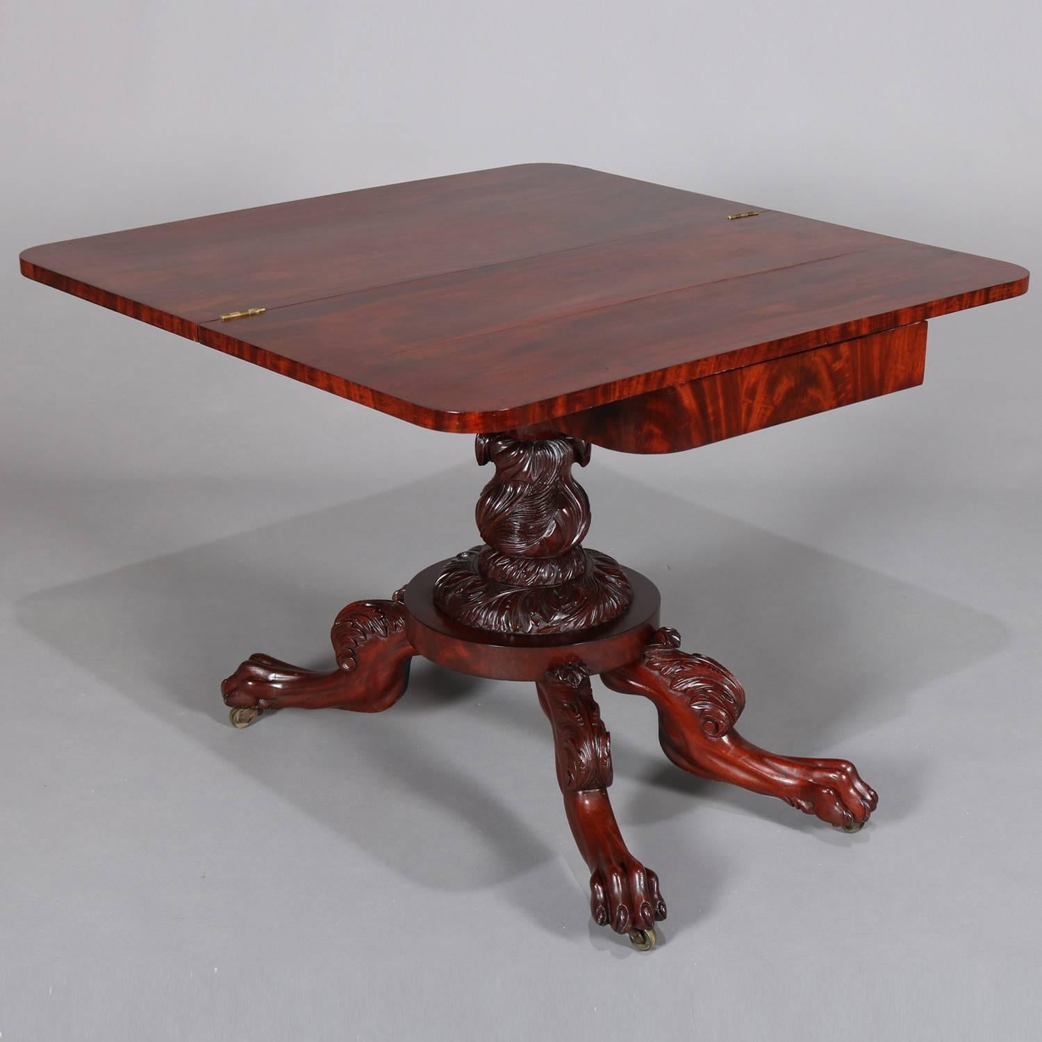 Hand-Carved Antique Quervelle School American Empire Carved Flame Mahogany Game Table