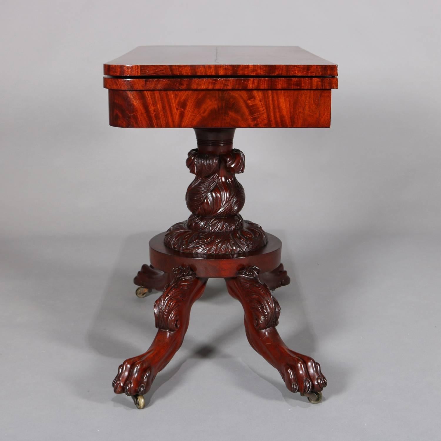 Antique Quervelle School American Empire Carved Flame Mahogany Game Table In Good Condition In Big Flats, NY