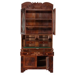 Antique Quervelle School American Empire Carved Flame Mahogany Secretary c1840