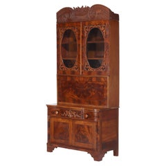 Antique Quervelle School American Empire Carved Flame Mahogany Secretary c1840