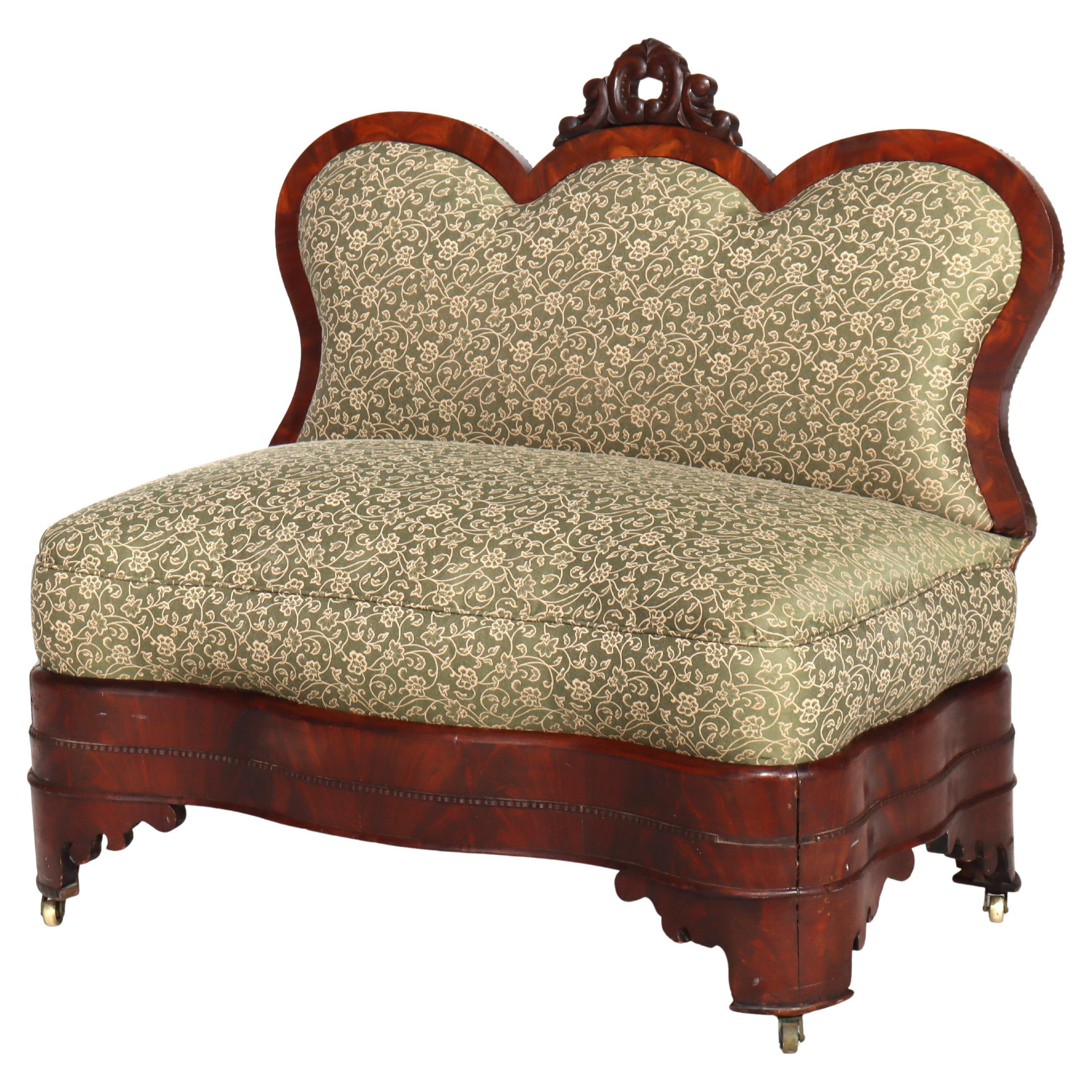 Antique Quervelle School American Empire Carved Flame Mahogany Window Seat c1840