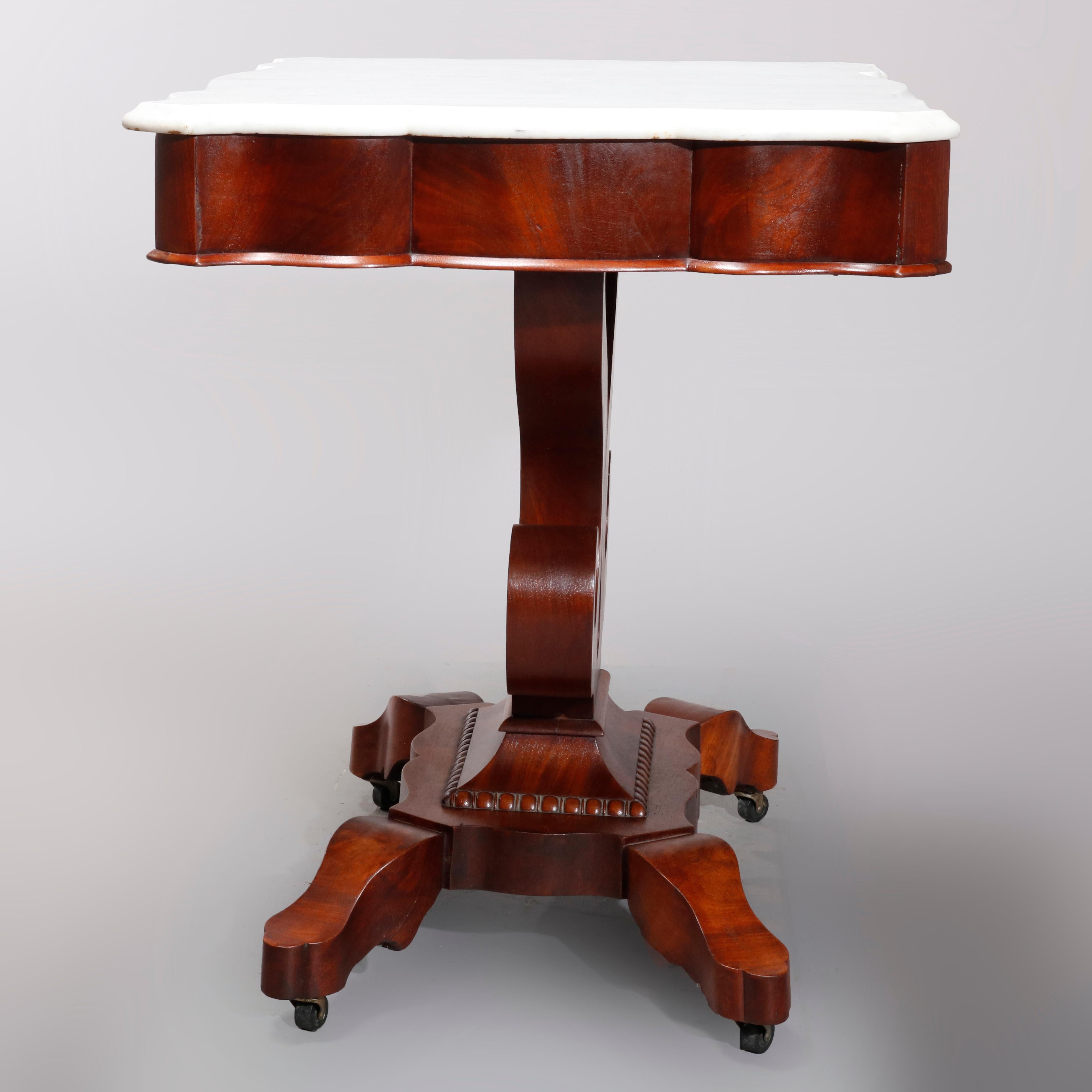 Carved Quervelle School American Empire Flame Mahogany Marble-Top Table, circa 1880