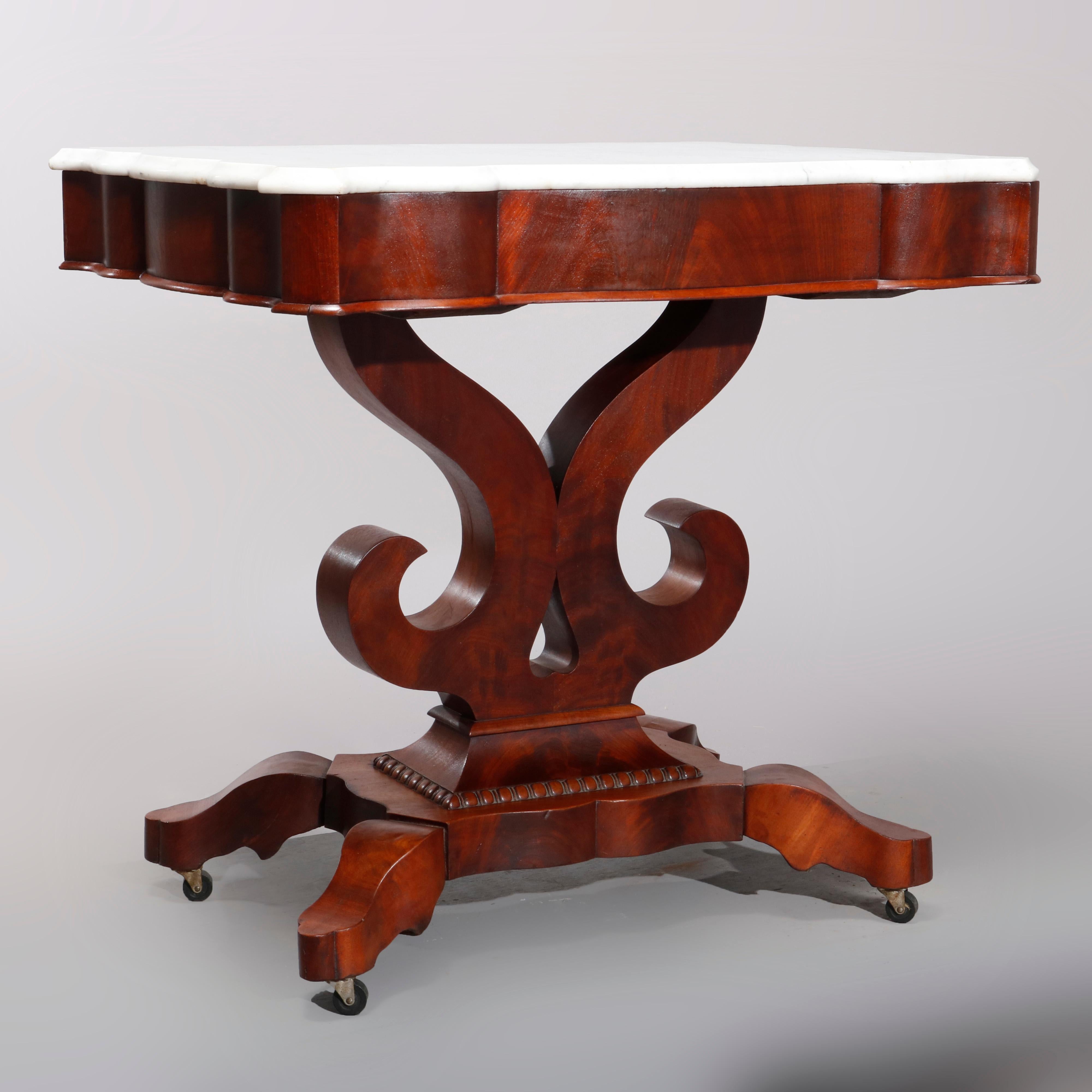 Quervelle School American Empire Flame Mahogany Marble-Top Table, circa 1880 In Good Condition In Big Flats, NY
