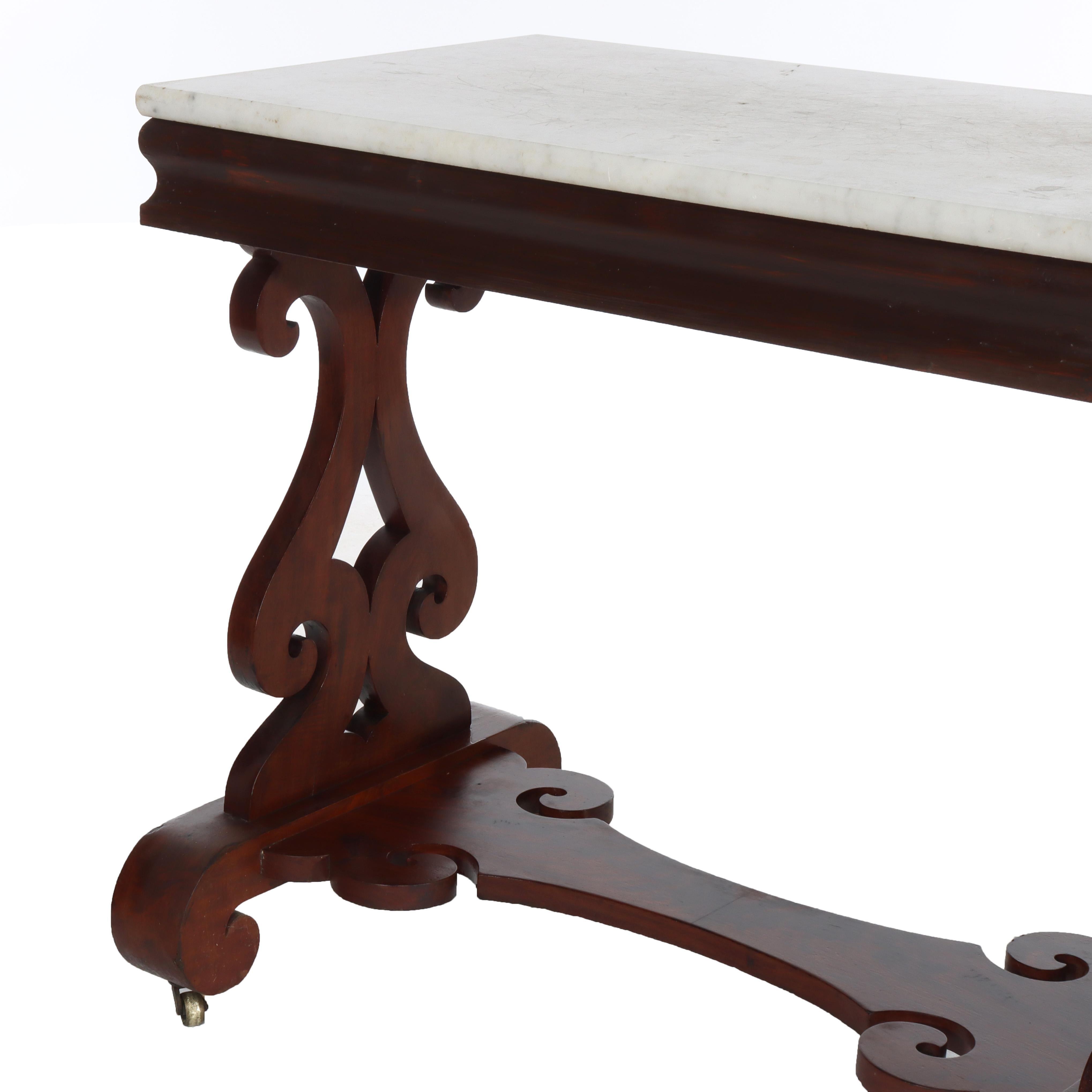 Empire américain Antique Quervelle School Classical Flame Mahogany Marble Top Trestle Table c1840 en vente