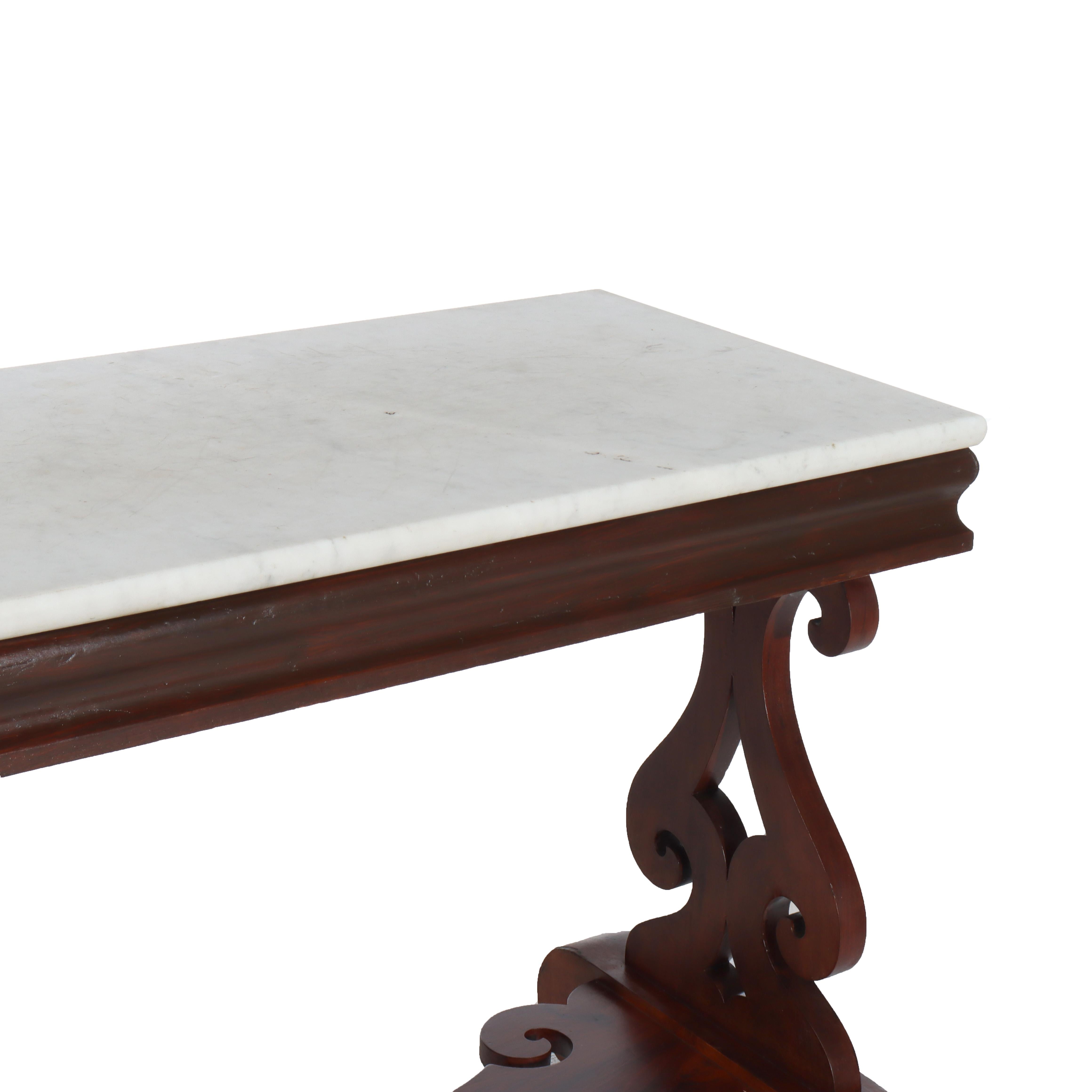 Antique Quervelle School Classical Flame Mahogany Marble Top Trestle Table c1840 en vente 1