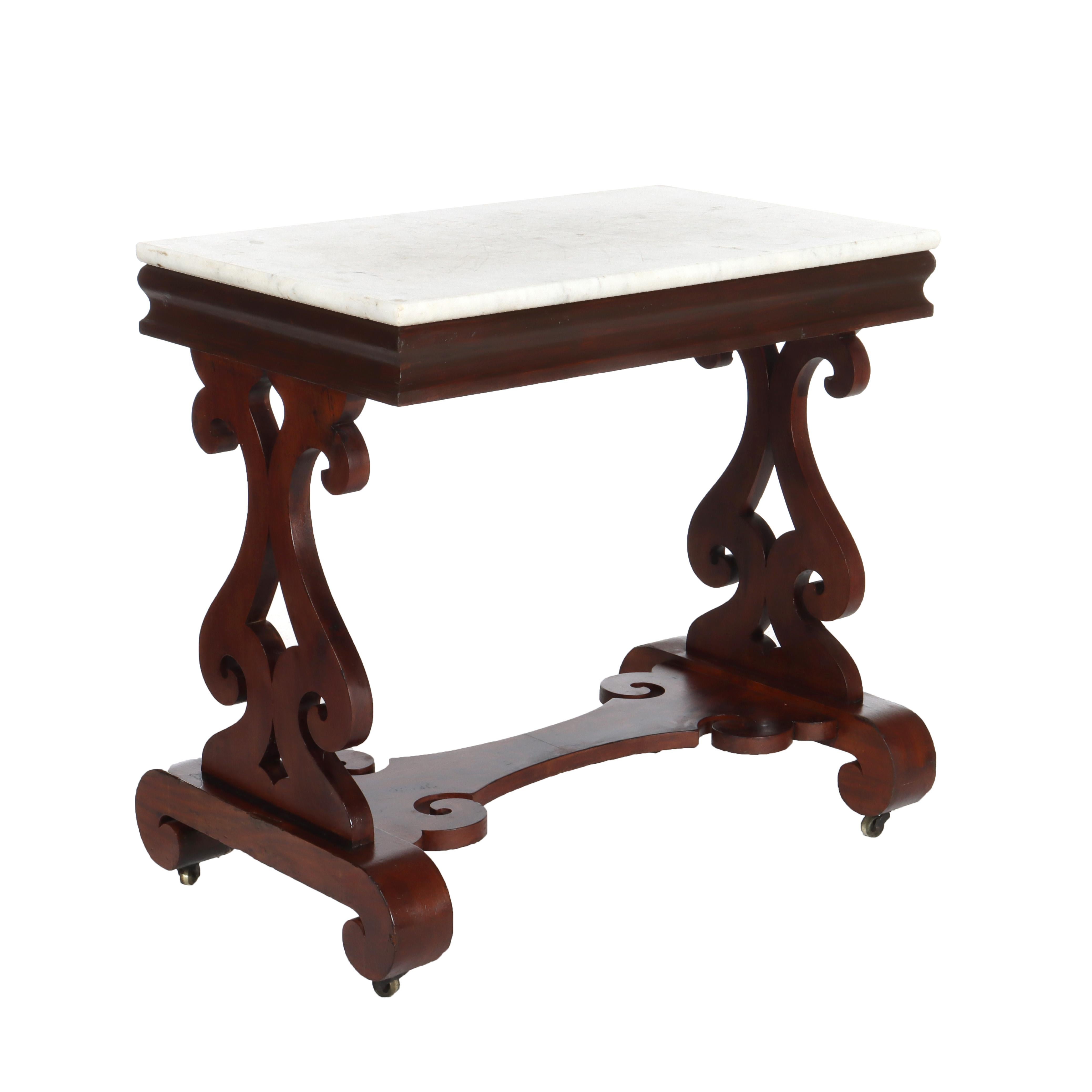 Antique Quervelle School Classical Flame Mahogany Marble Top Trestle Table c1840 en vente 3