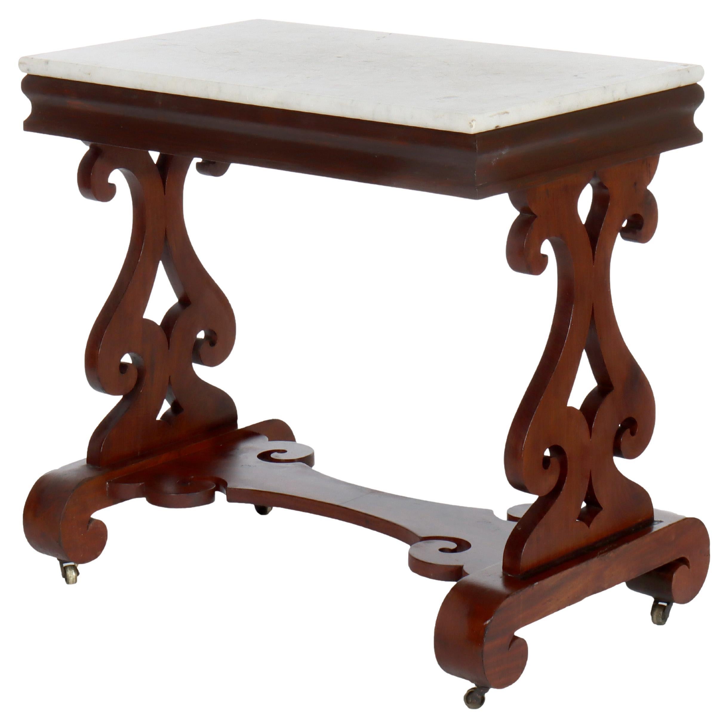 Antique Quervelle School Classical Flame Mahogany Marble Top Trestle Table c1840 en vente