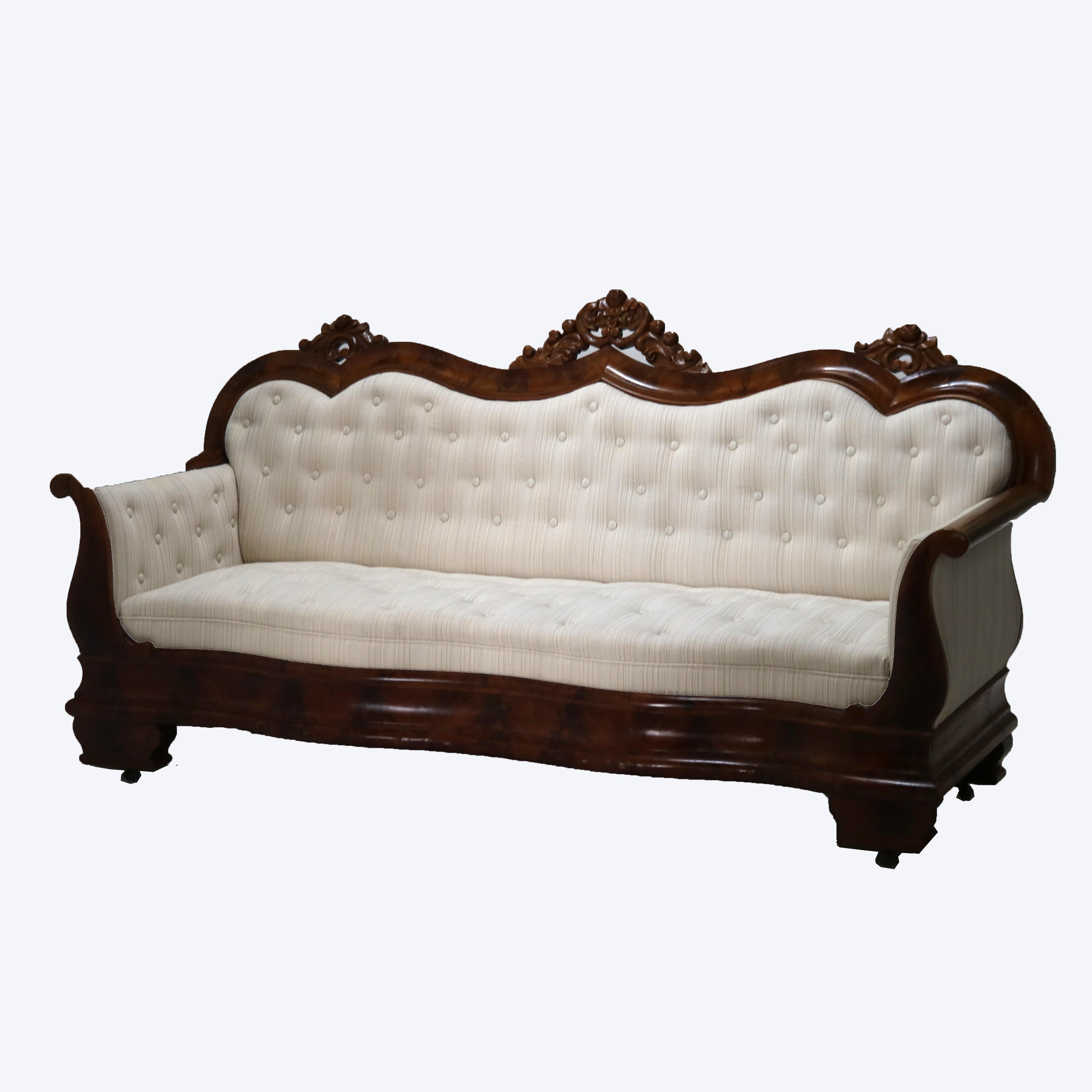 19th Century Antique Quervelle Style American Empire Foliate Carved Flame Mahogany Sofa C1850