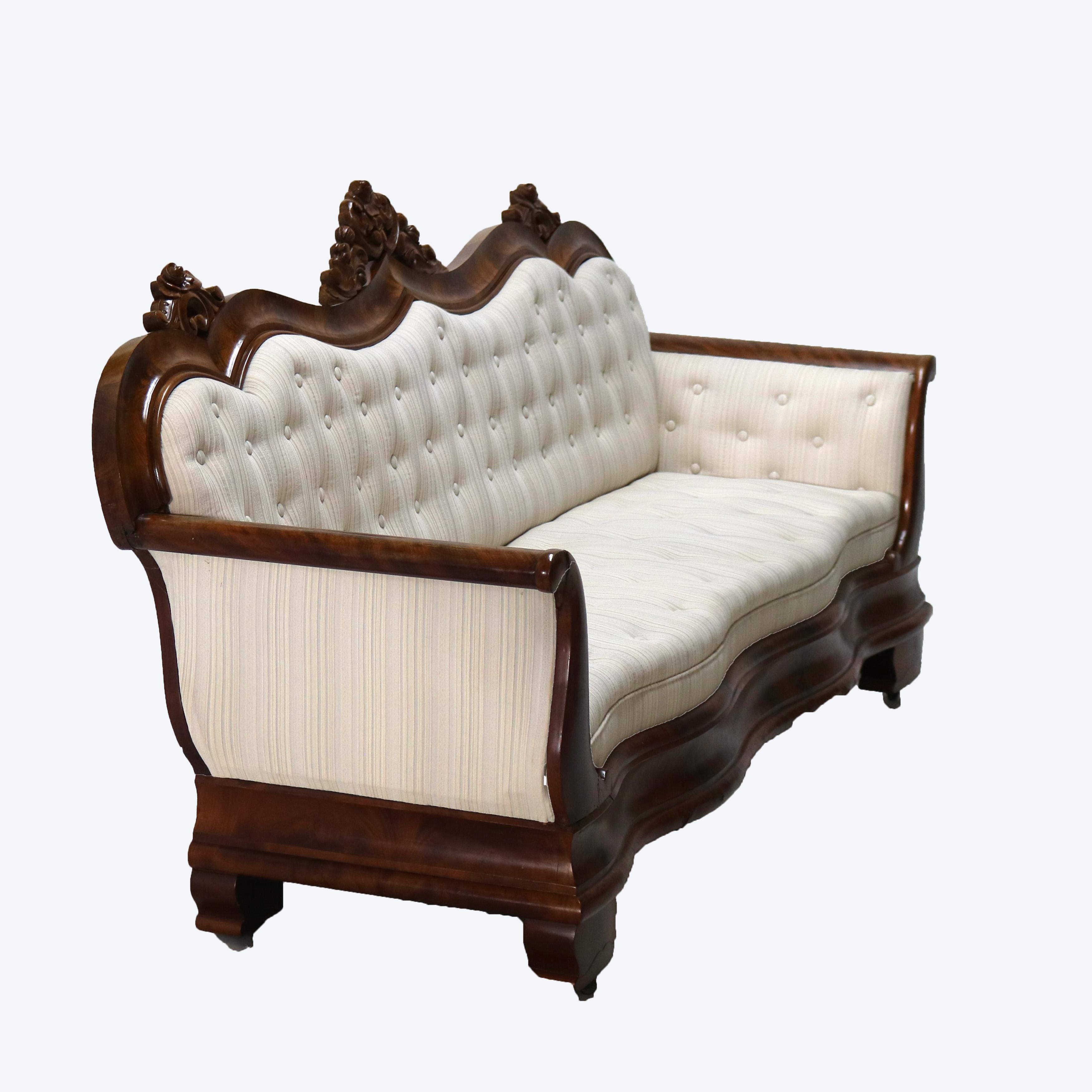 Antique Quervelle Style American Empire Foliate Carved Flame Mahogany Sofa C1850 1