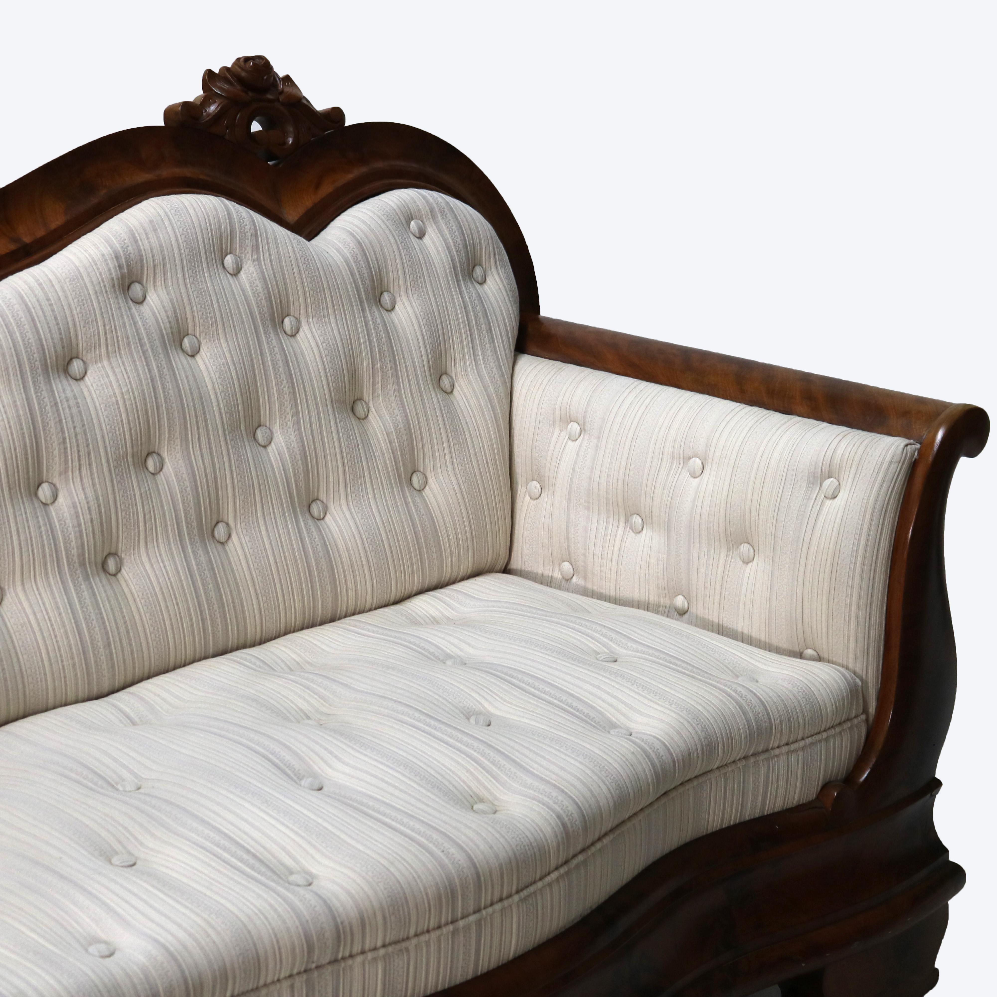 Antique Quervelle Style American Empire Foliate Carved Flame Mahogany Sofa C1850 2