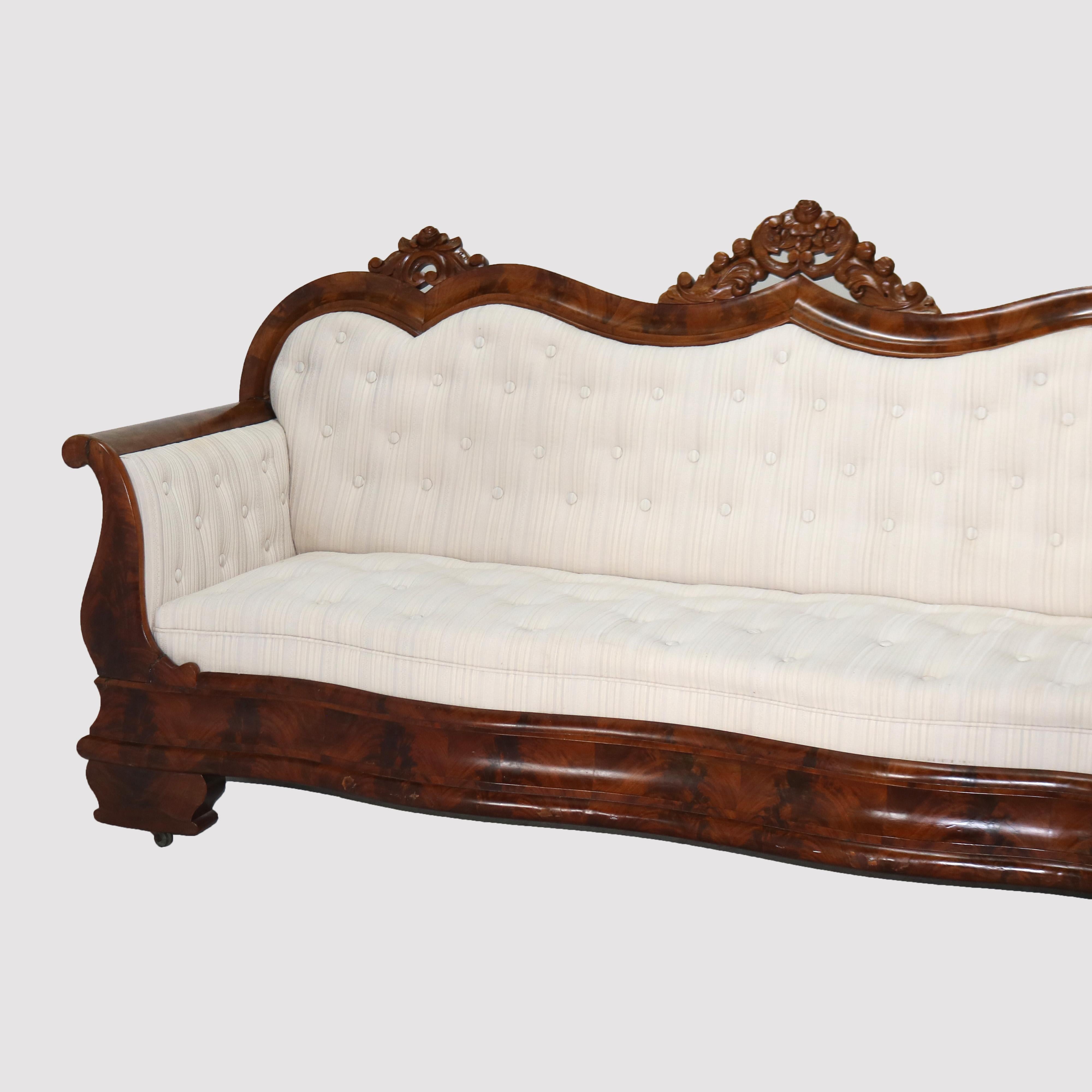 Antique Quervelle Style American Empire Foliate Carved Flame Mahogany Sofa C1850 3