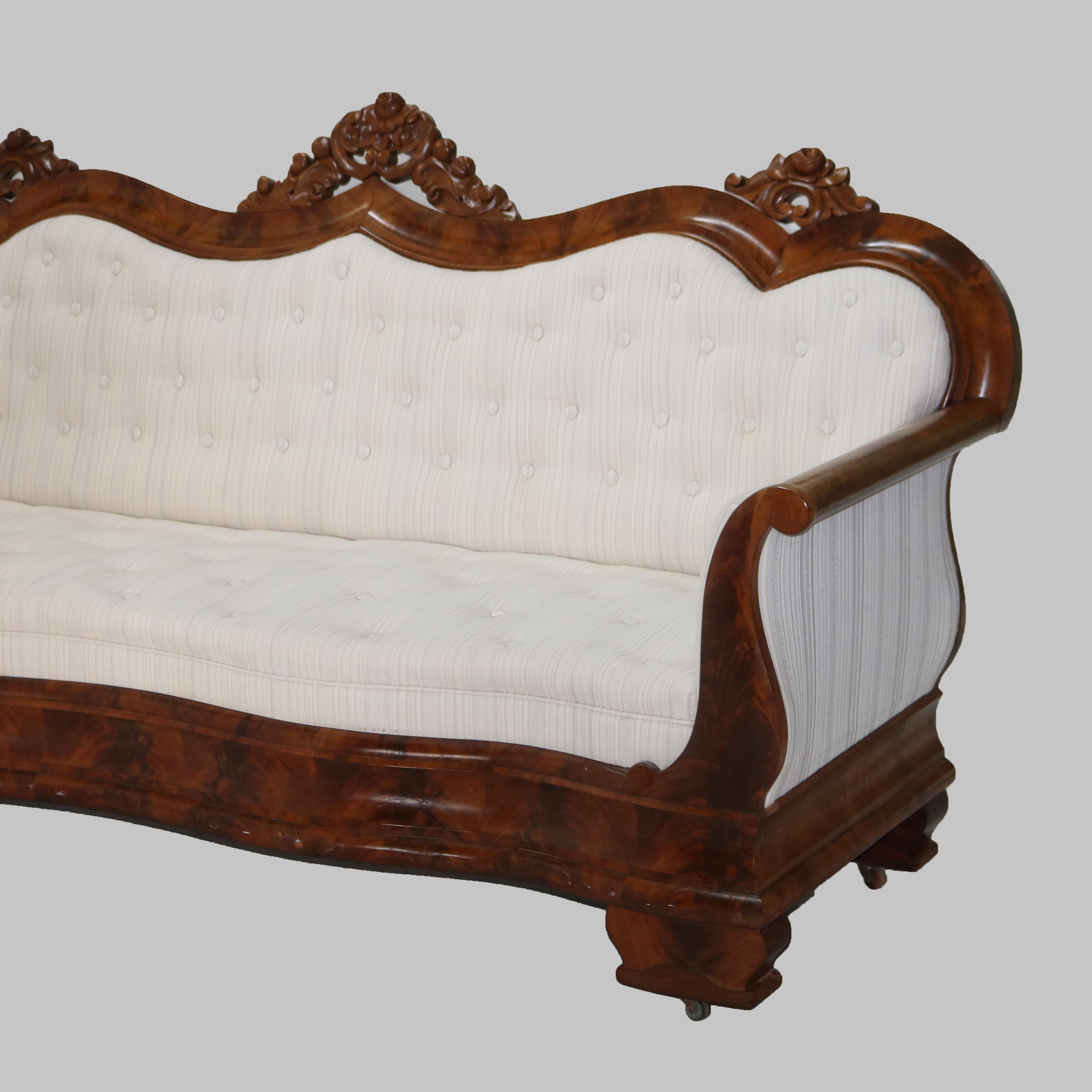 Antique Quervelle Style American Empire Foliate Carved Flame Mahogany Sofa C1850 4