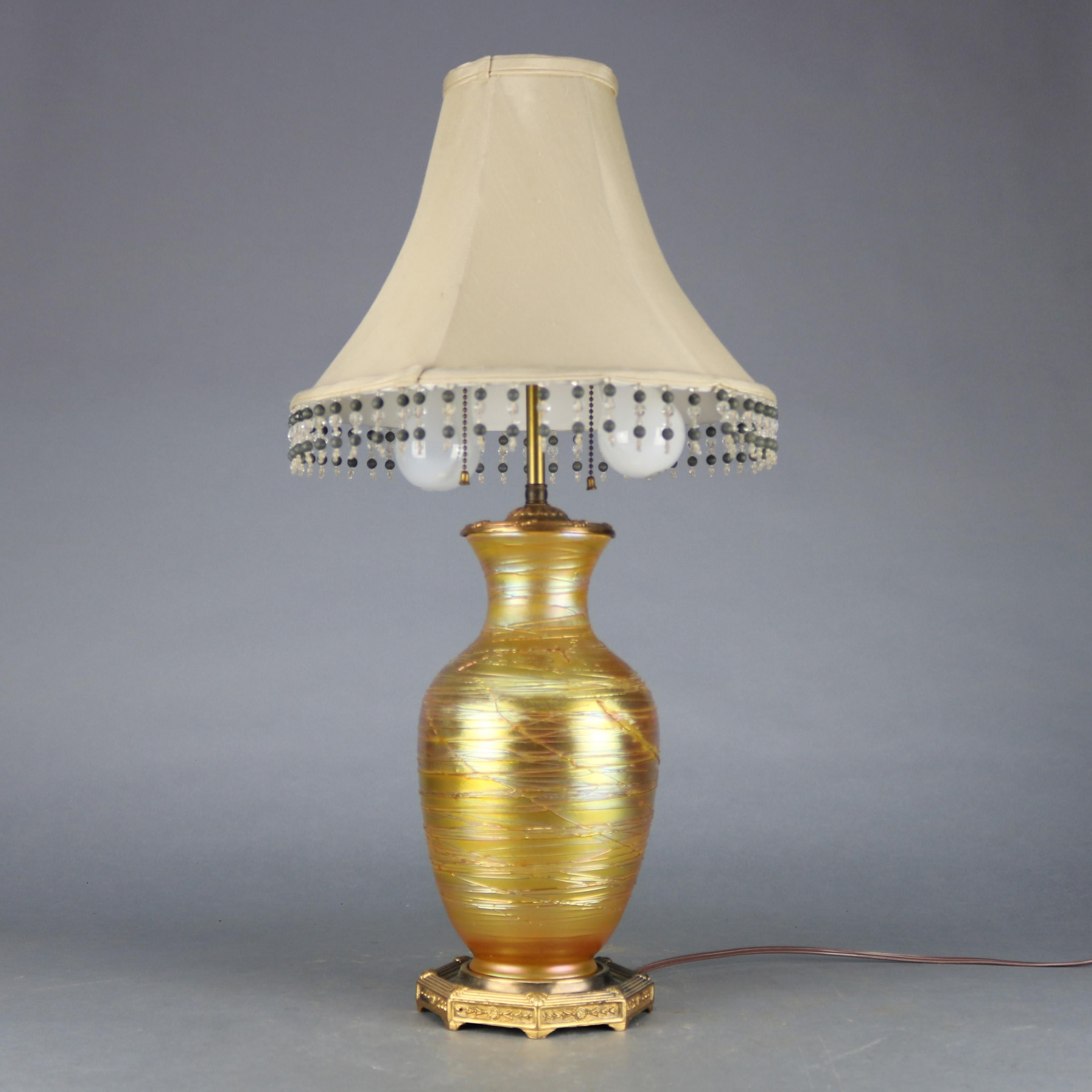 American Antique Durand Slip Trail Art Glass Lamp, Circa 1920