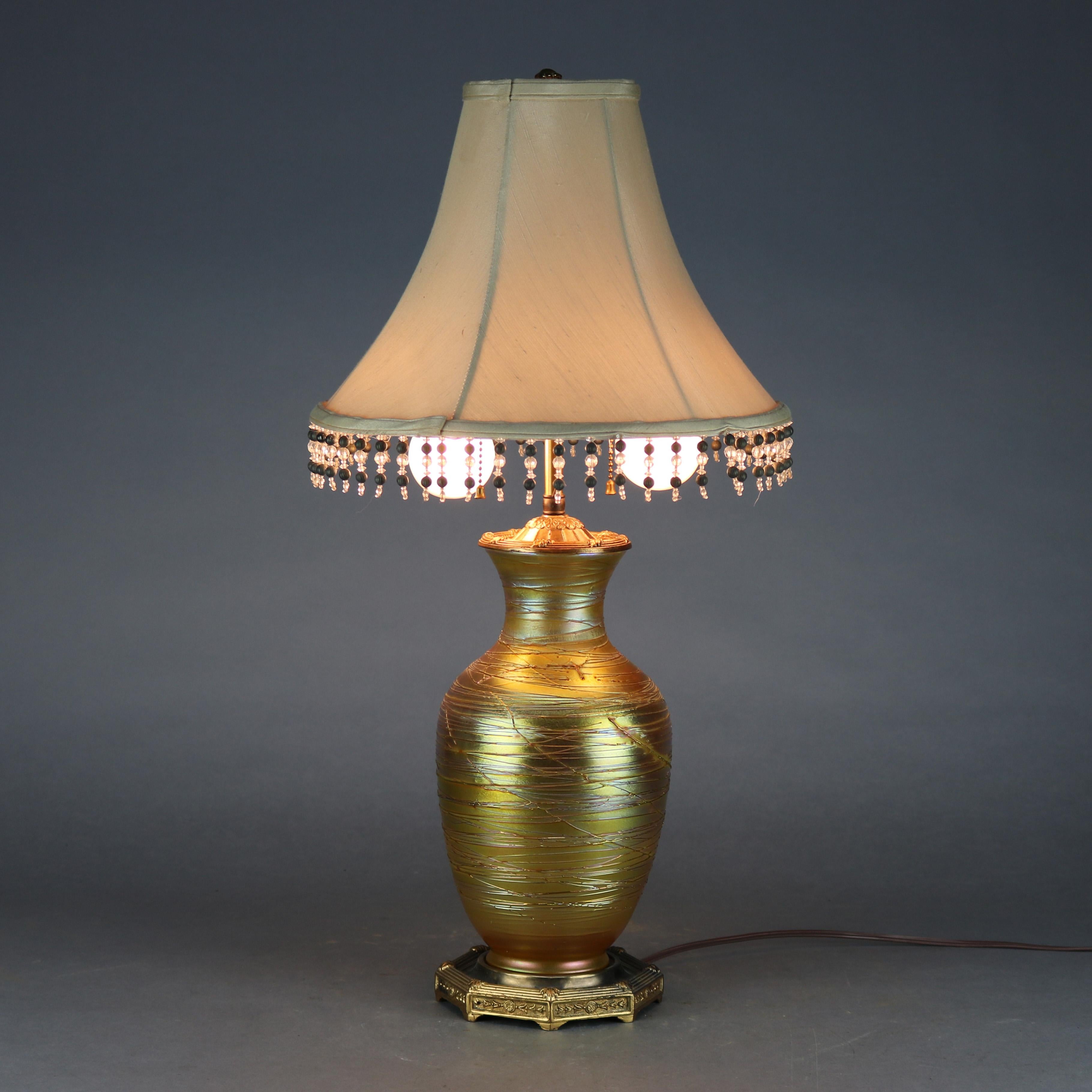Cast Antique Durand Slip Trail Art Glass Lamp, Circa 1920