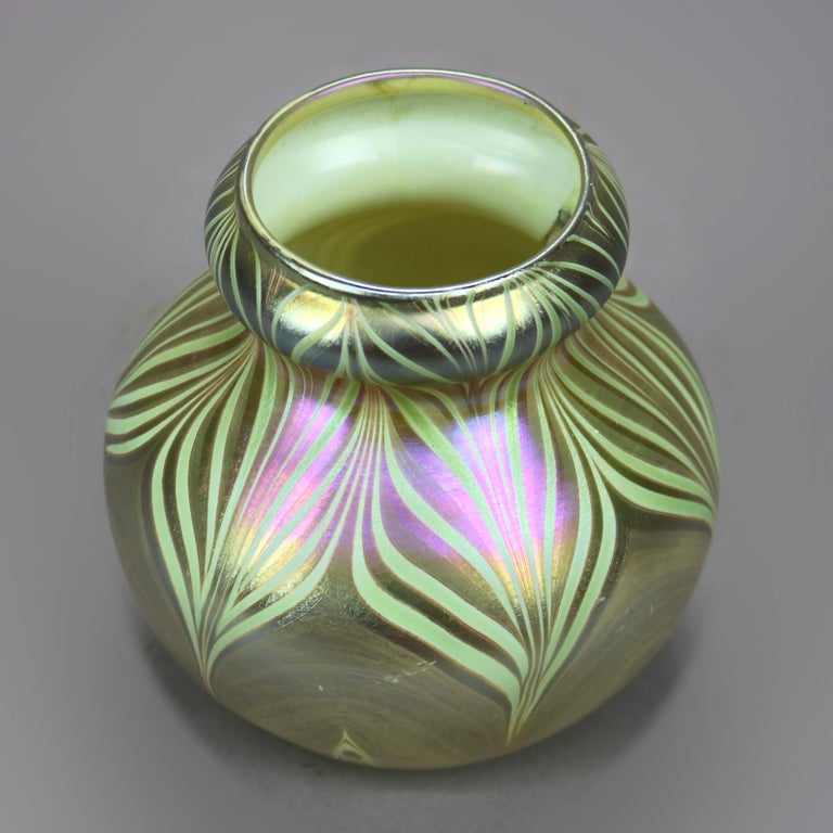 Antique Quezal Pulled Feather Art Glass Vase circa 1930 at 1stDibs