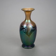 Antique Quezal Pulled Feather Art Glass Vase Signed B364, c1920