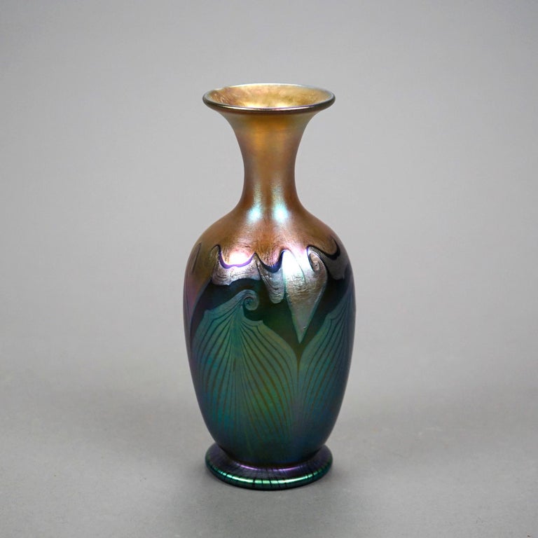 Antique Quezal Pulled Feather Art Glass Vase Signed B364, c1920 at