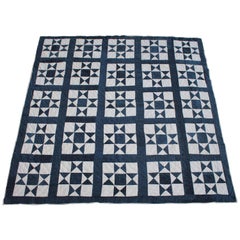 Antique Quilt, 19th Century Blue and White Contained Stars