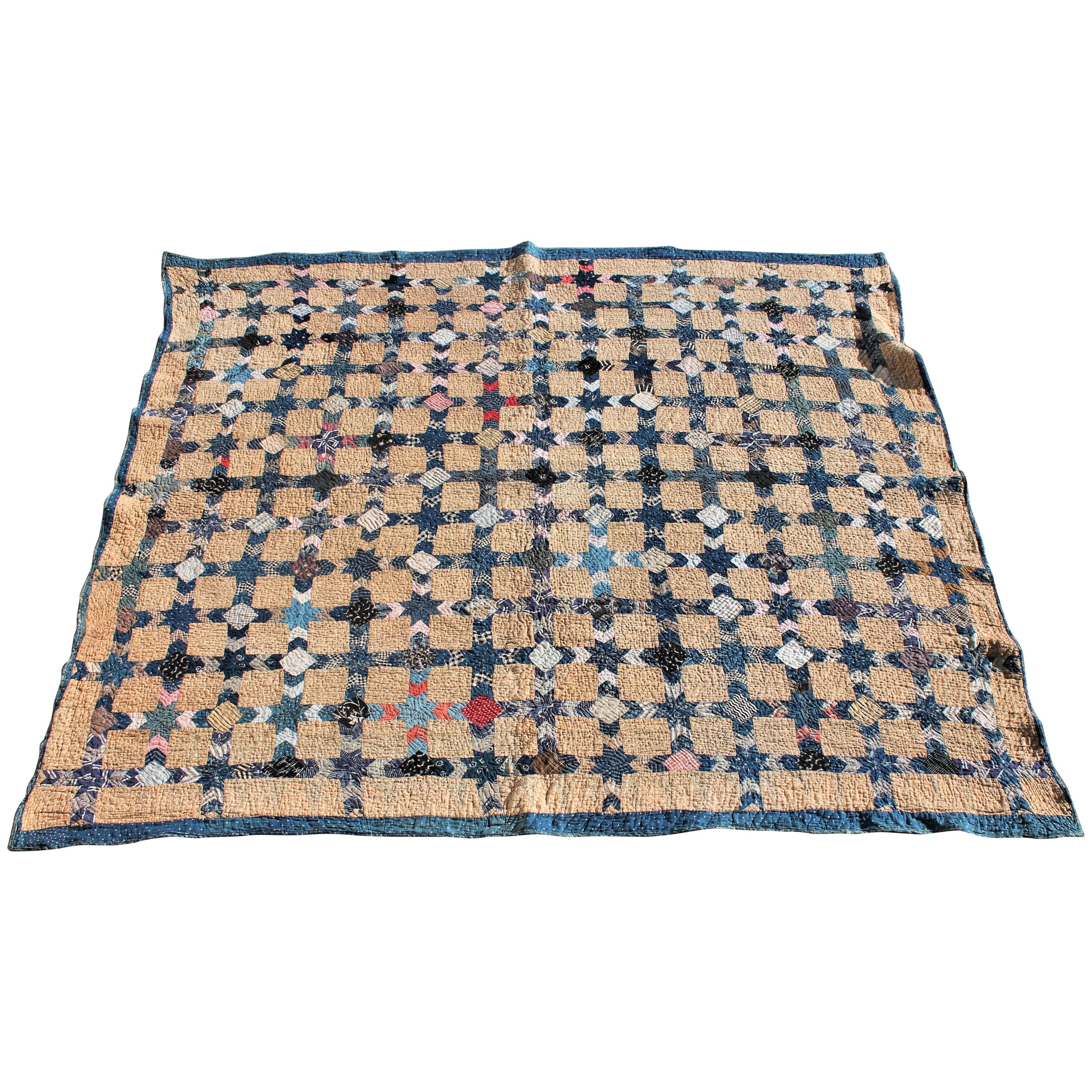 Antique Quilt 19th Century Mini Pieced Stars Quilt