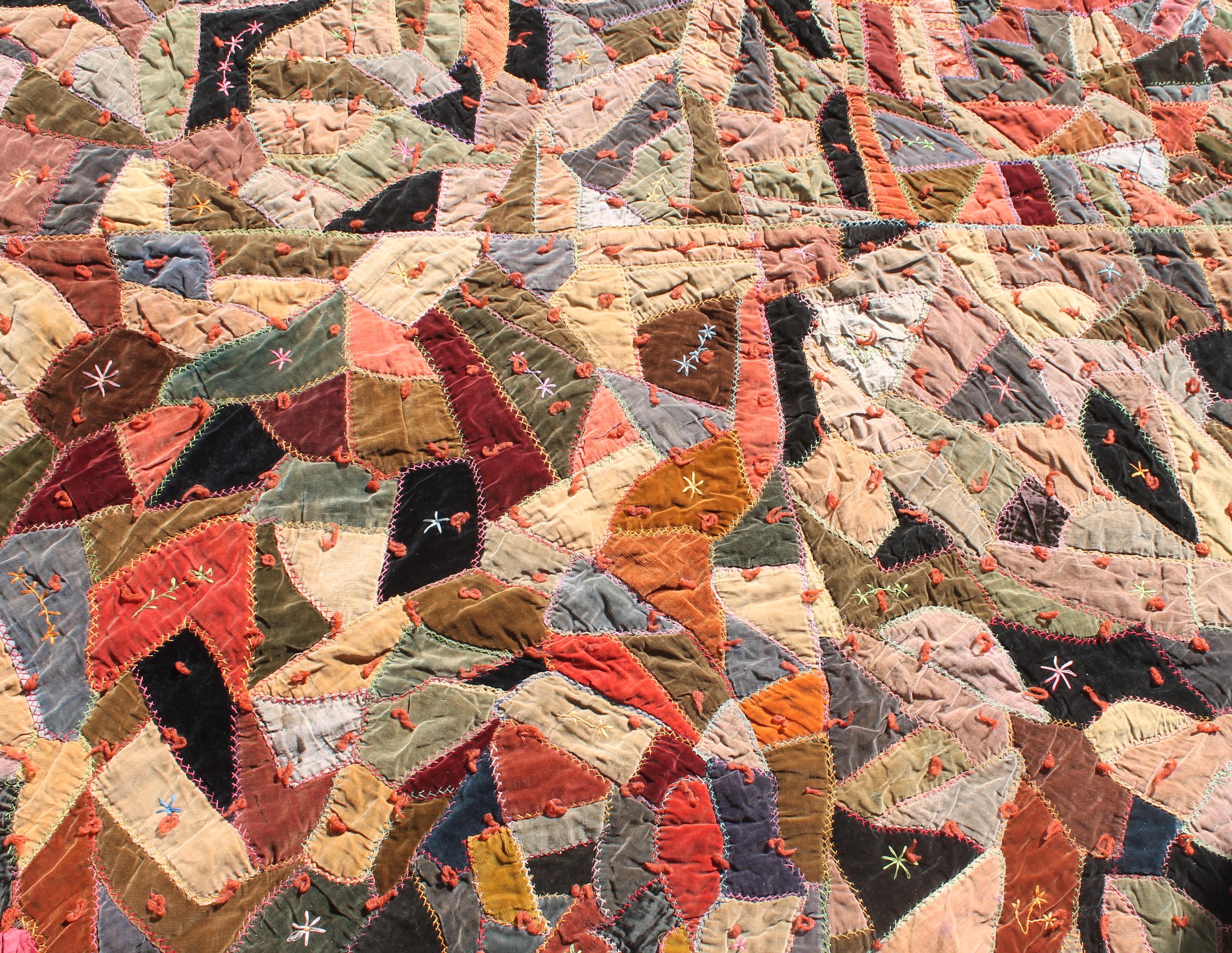 Country Antique Quilt, 19th Century Velvet Crazy Quilt