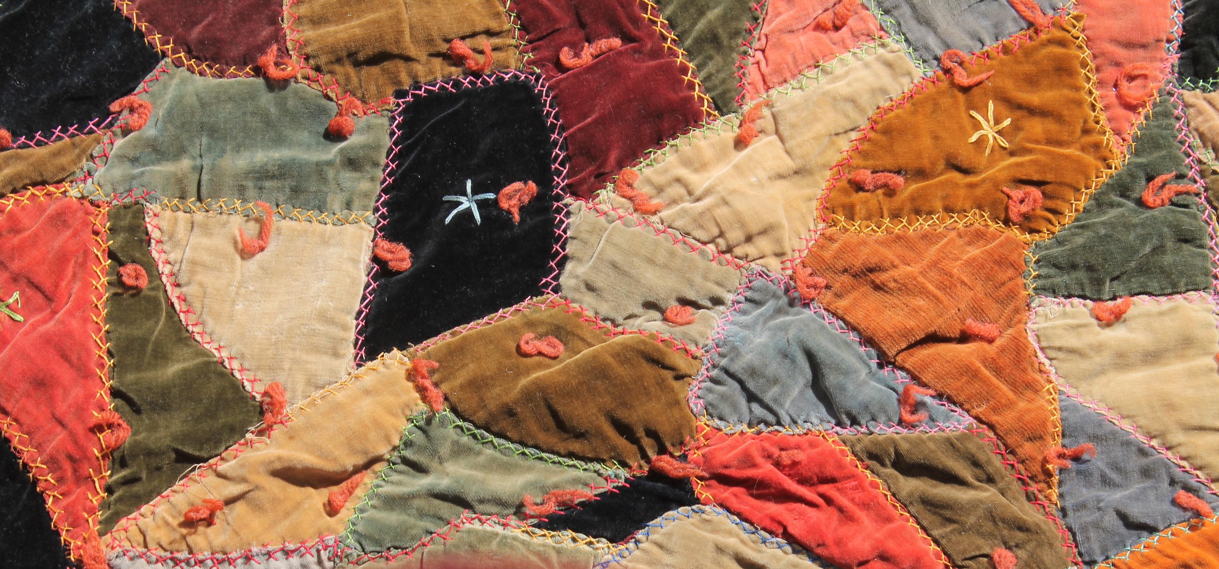 Antique Quilt, 19th Century Velvet Crazy Quilt In Excellent Condition In Los Angeles, CA