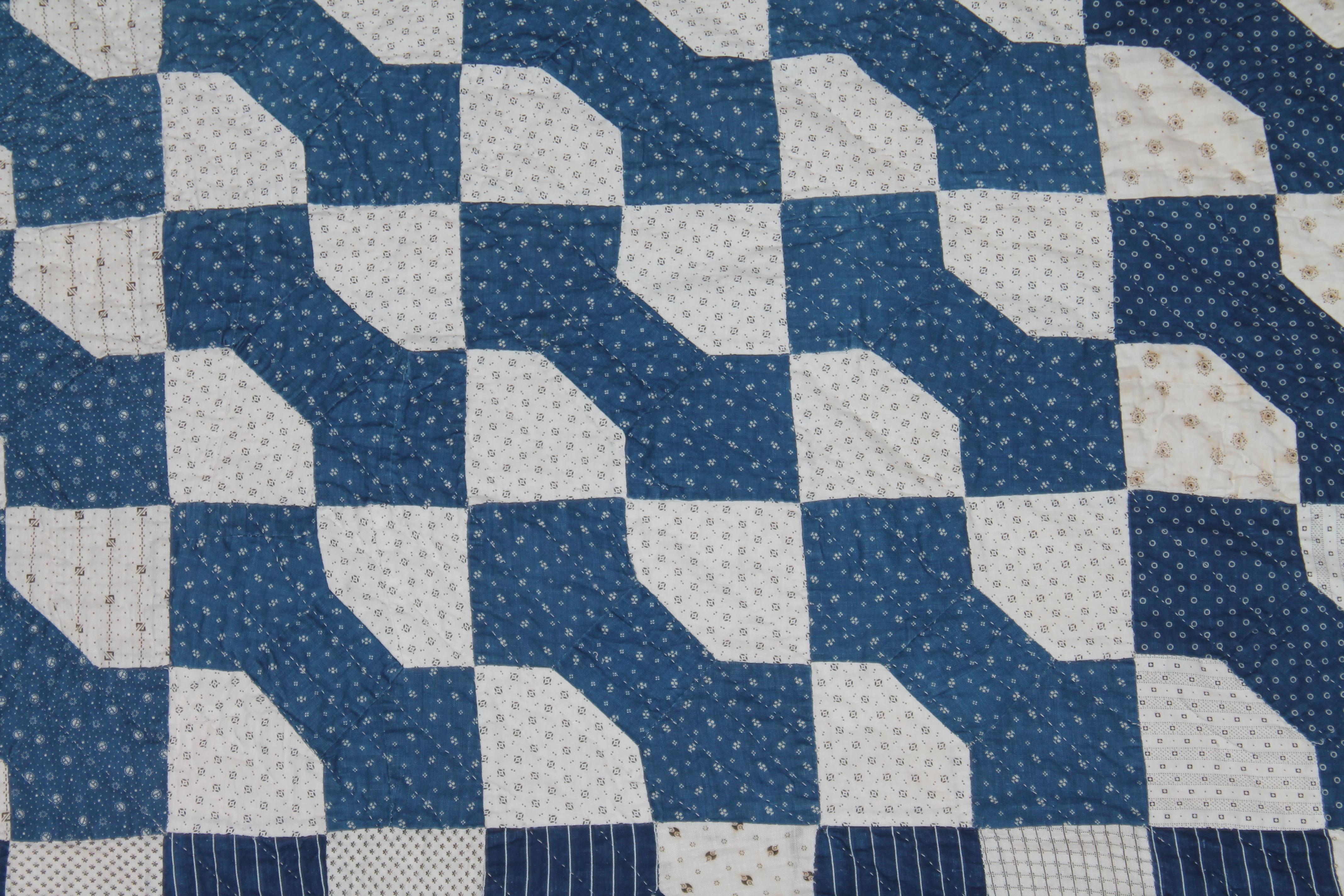 Antique Quilt 19thc Blue & White Bow Tie 2