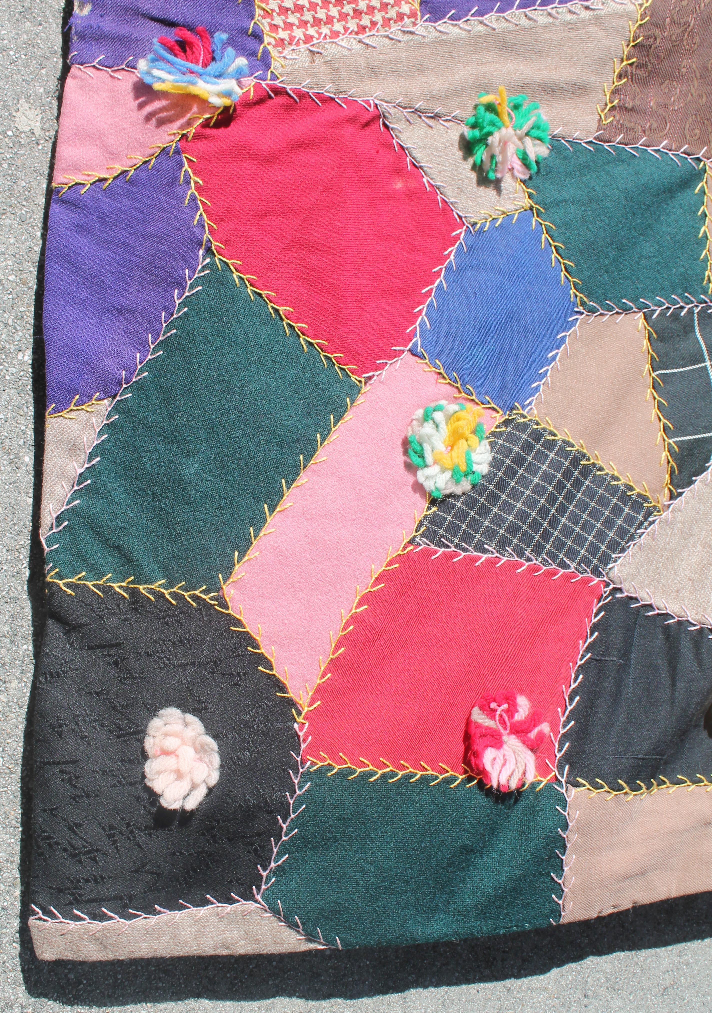 American Antique Quilt, 19th Century Wool Crazy Quilt from Pennsylvania For Sale