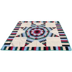 Antique Quilt, 20th Century Star Quilt With Striped Border