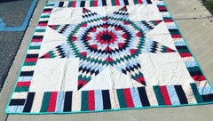Antique Quilt, 20th Century Star Quilt With Striped Border
