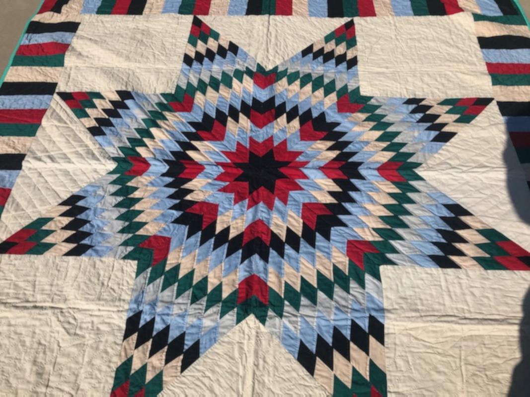 American Antique Quilt, 20th Century Star Quilt With Striped Border