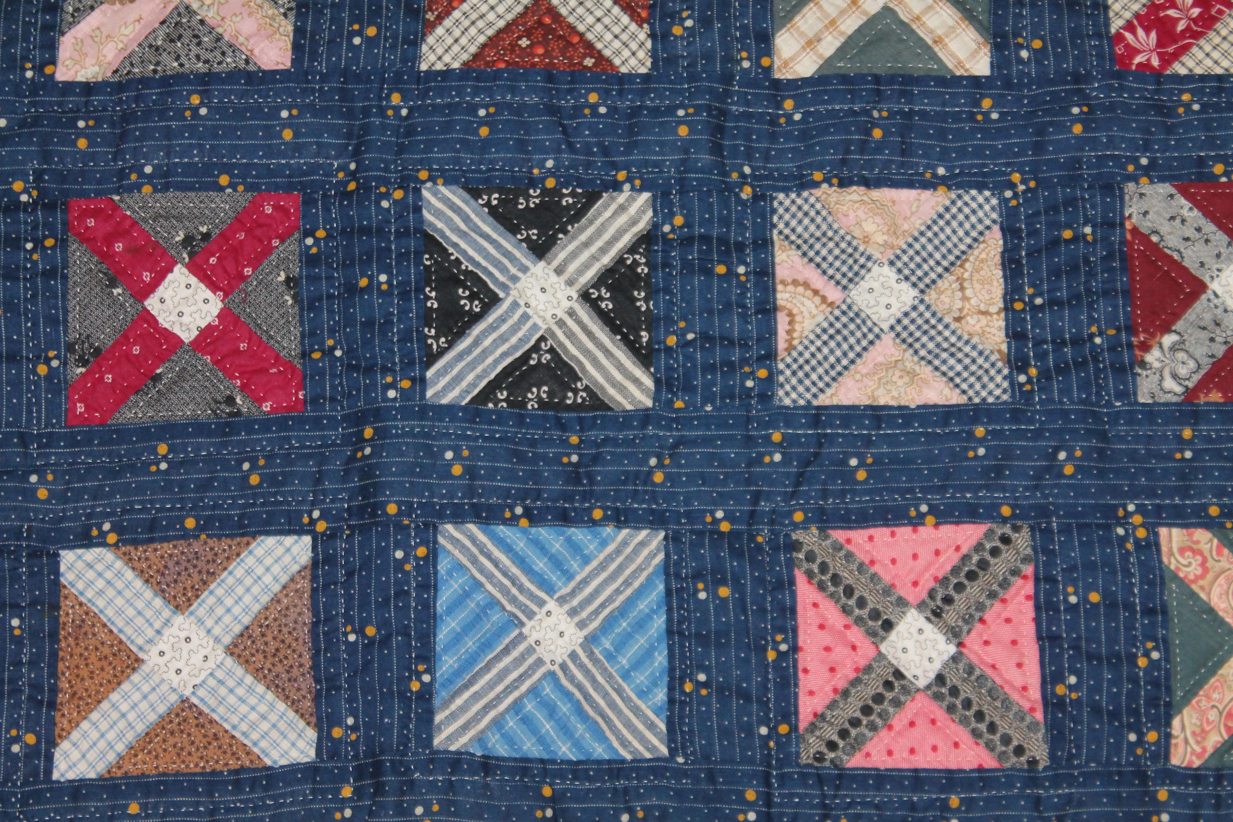 Hand-Crafted Antique Quilt, Blue Calico Four Patch Quilt From Ohio