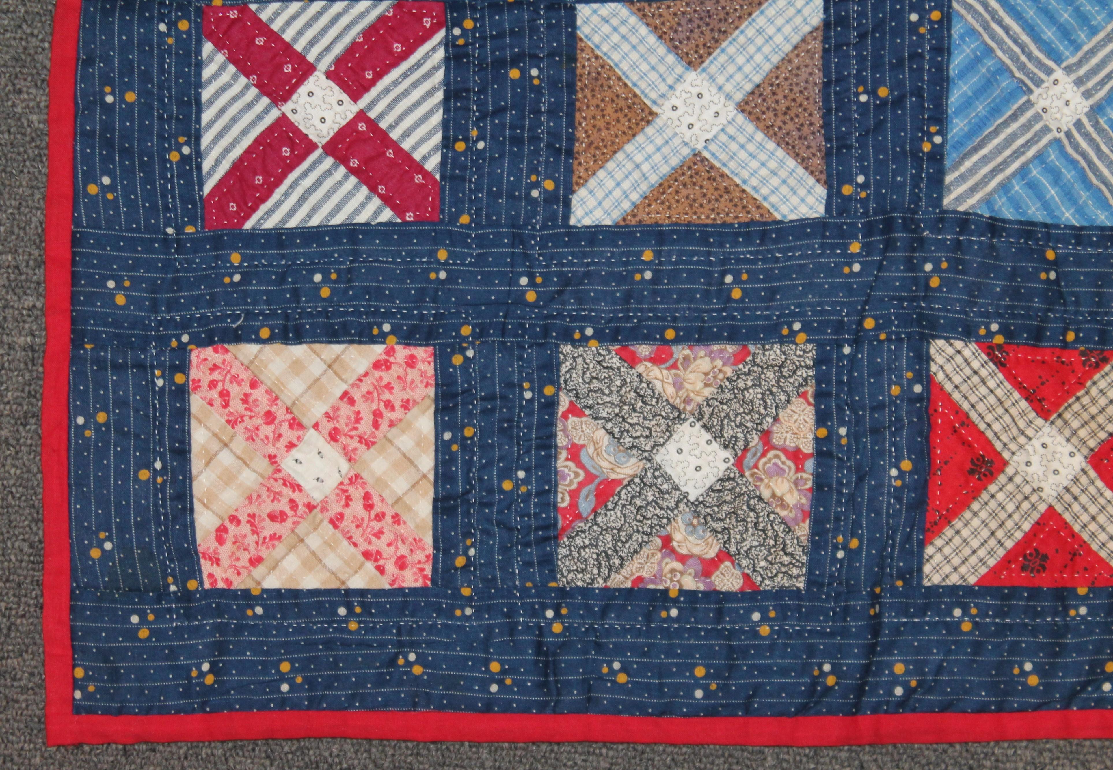 Antique Quilt, Blue Calico Four Patch Quilt From Ohio In Good Condition In Los Angeles, CA