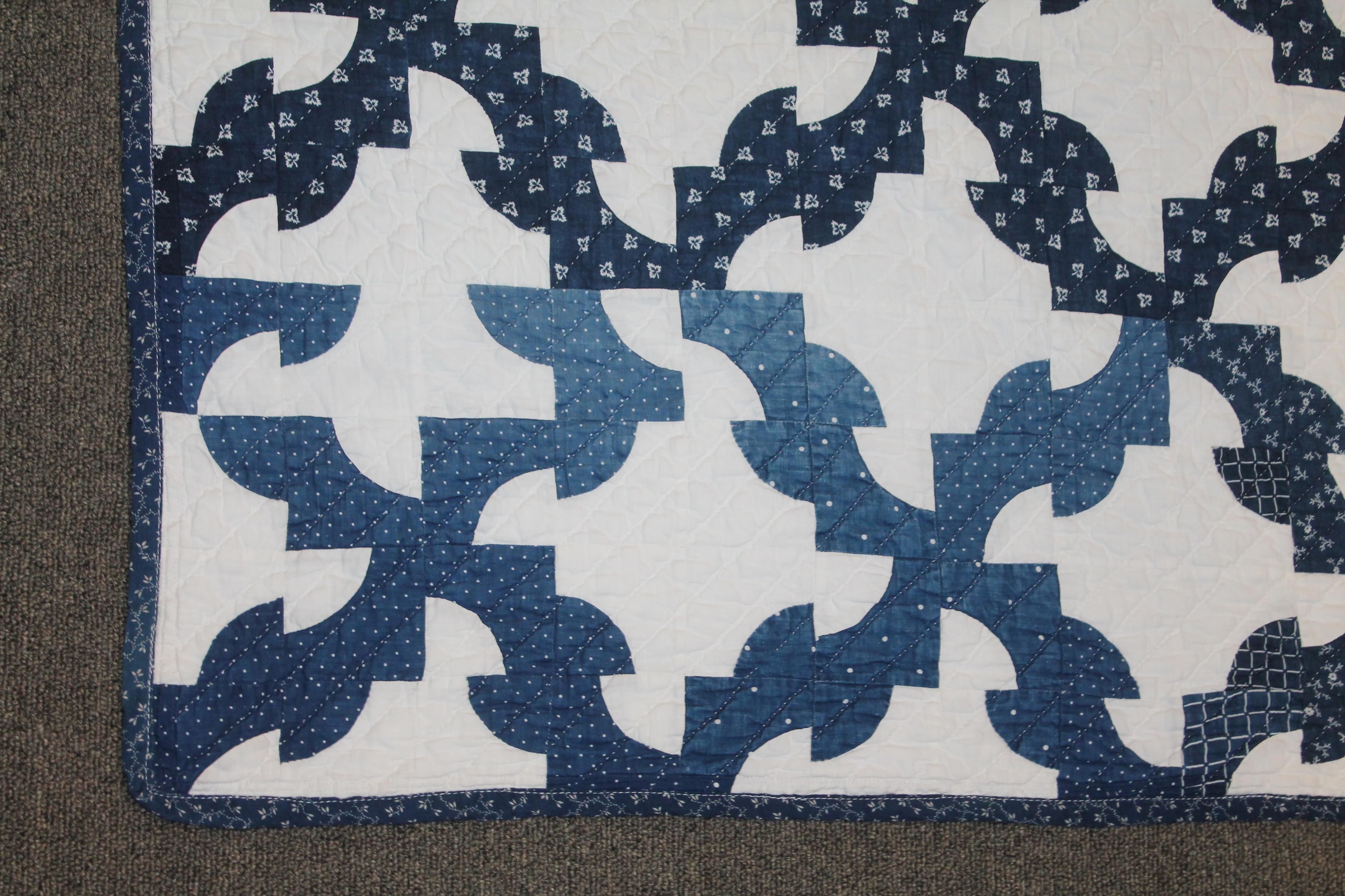 Cotton Antique Quilt Blue and White Drunkers/Drunkard's Path