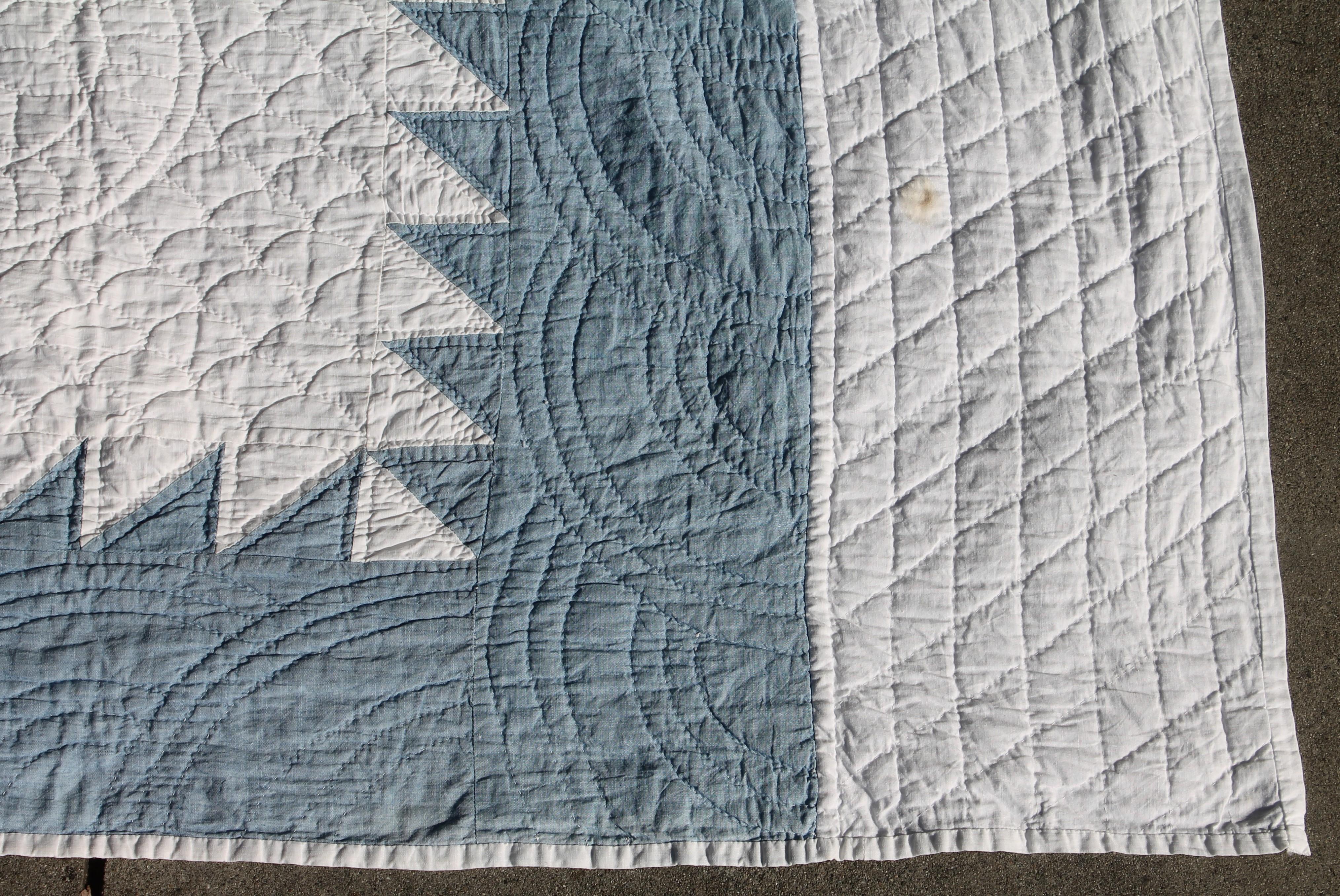 Hand-Crafted Antique Quilt Early 20th Century Blue and White Saw Tooth Diamond in a Square