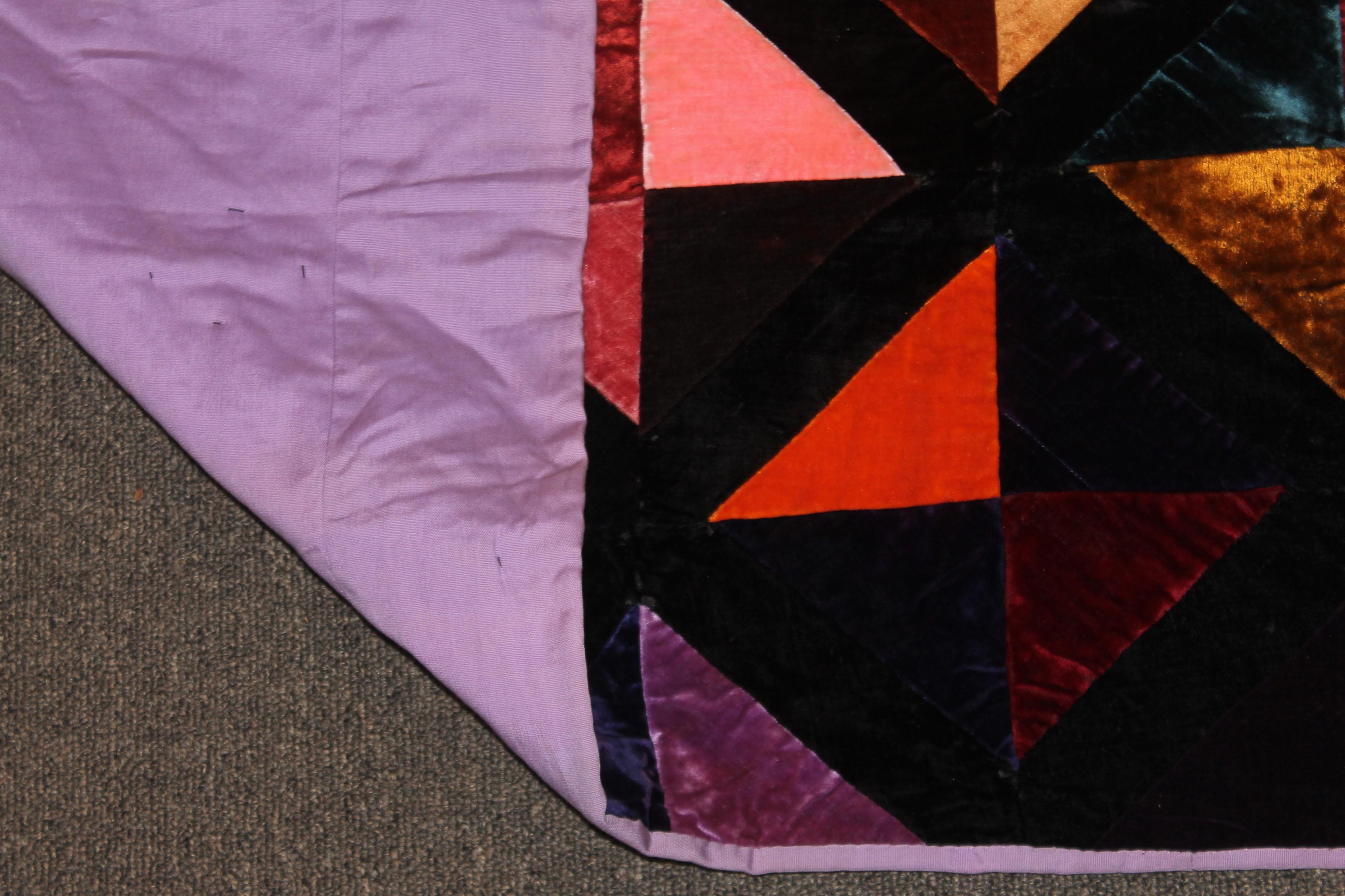 20th Century Antique Quilt Fantastic Velvet Hour Glass Quilt