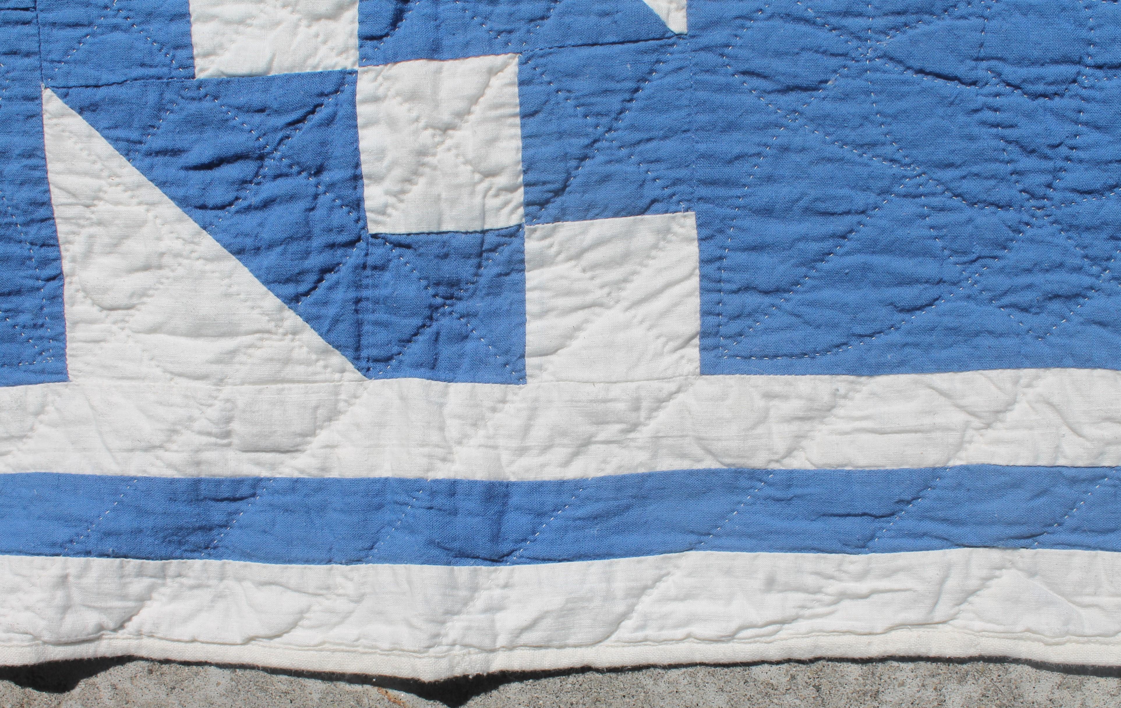 Cotton Antique Quilt-French Blue and White Geometric Quilt