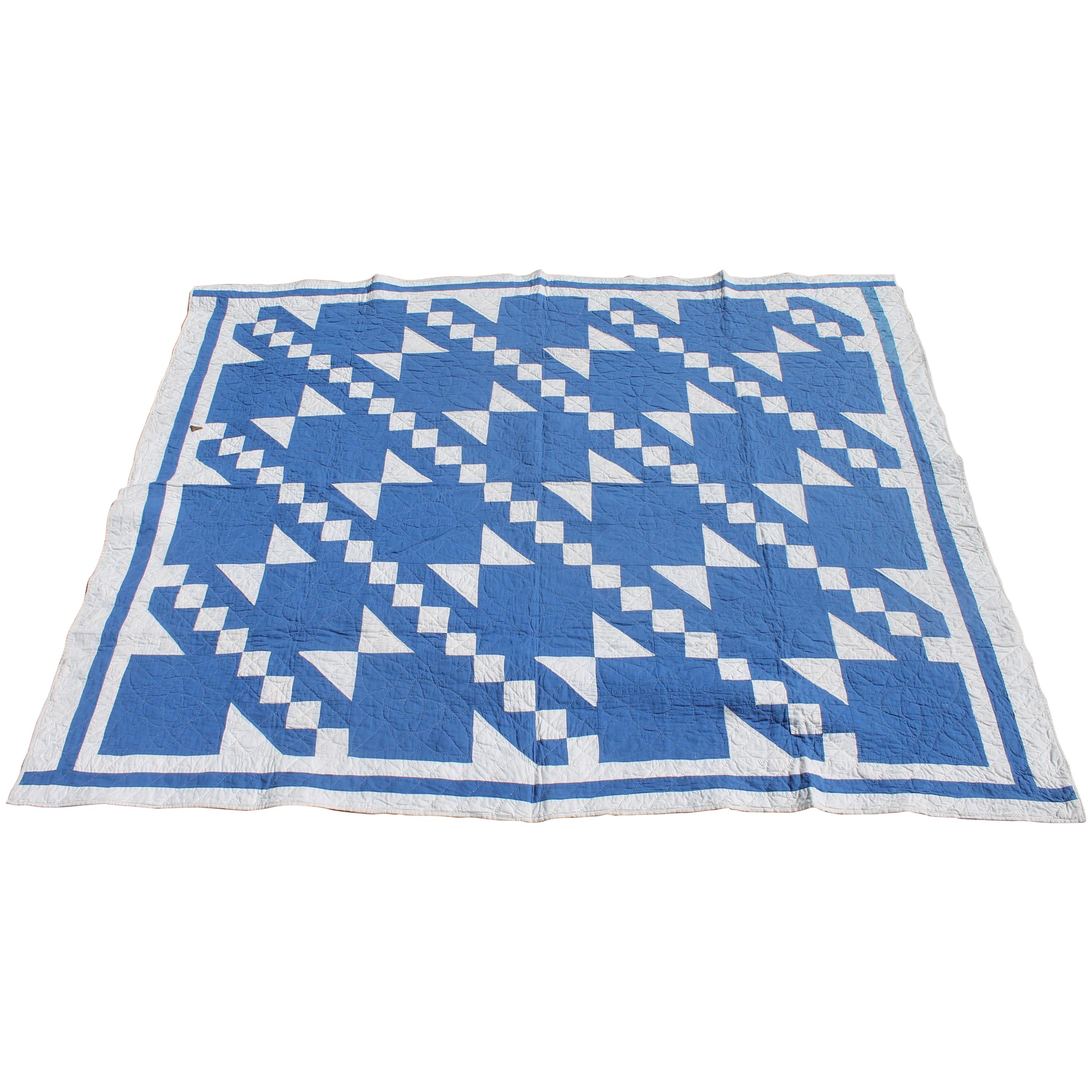 Antique Quilt-French Blue and White Geometric Quilt