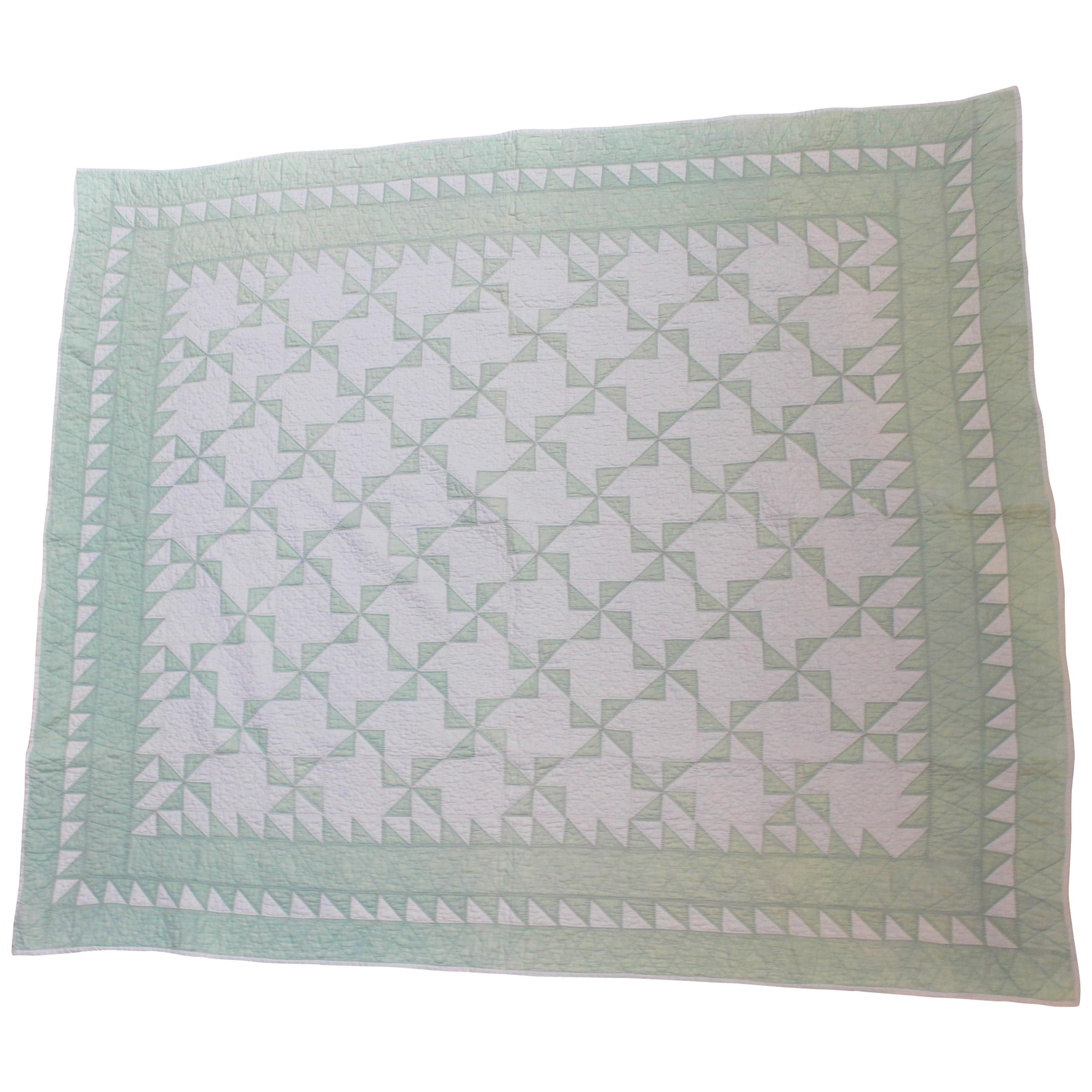 Antique Quilt Green and White Pin Wheels