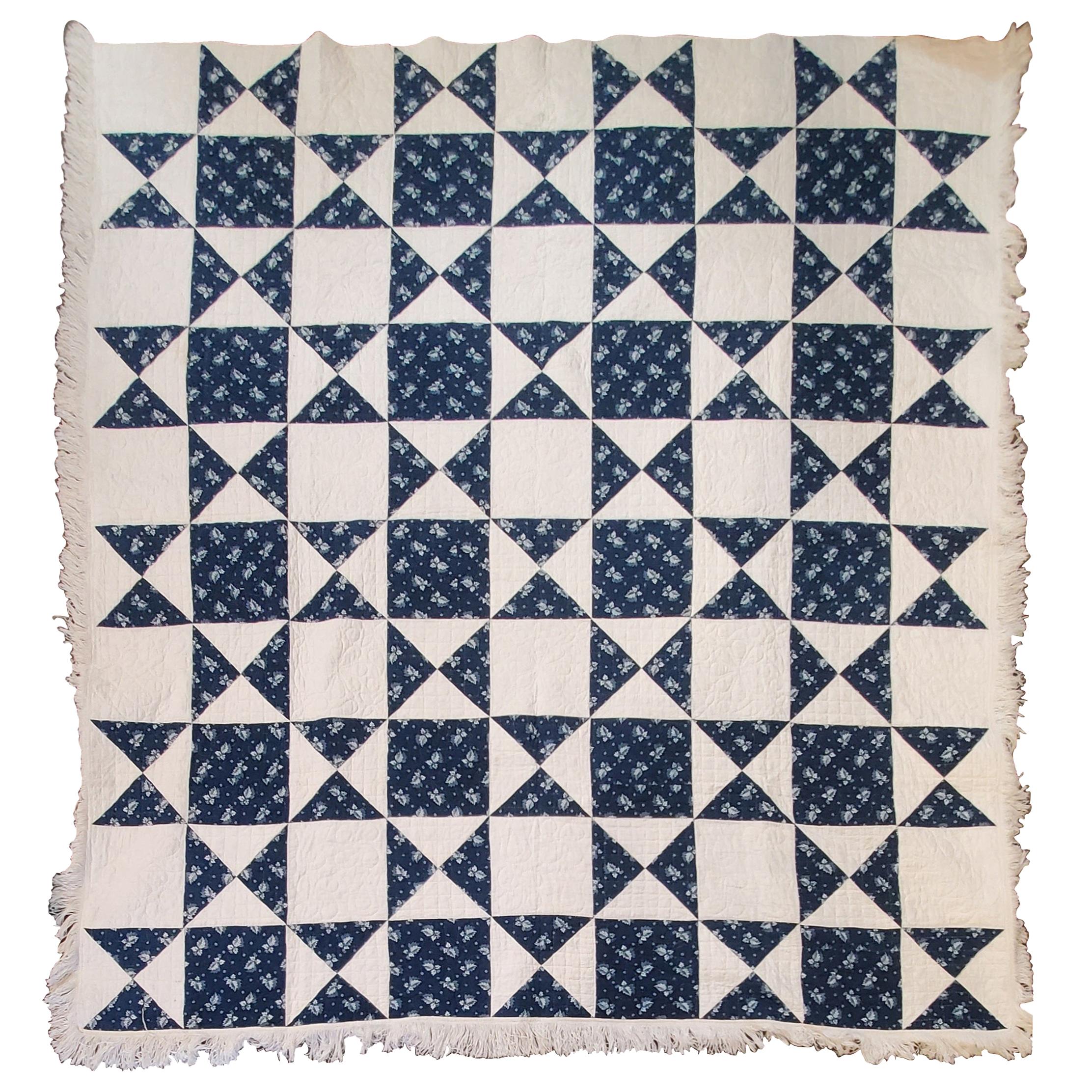 Antique Quilt, Mid-19th Century Blue Resist Eight Point Stars